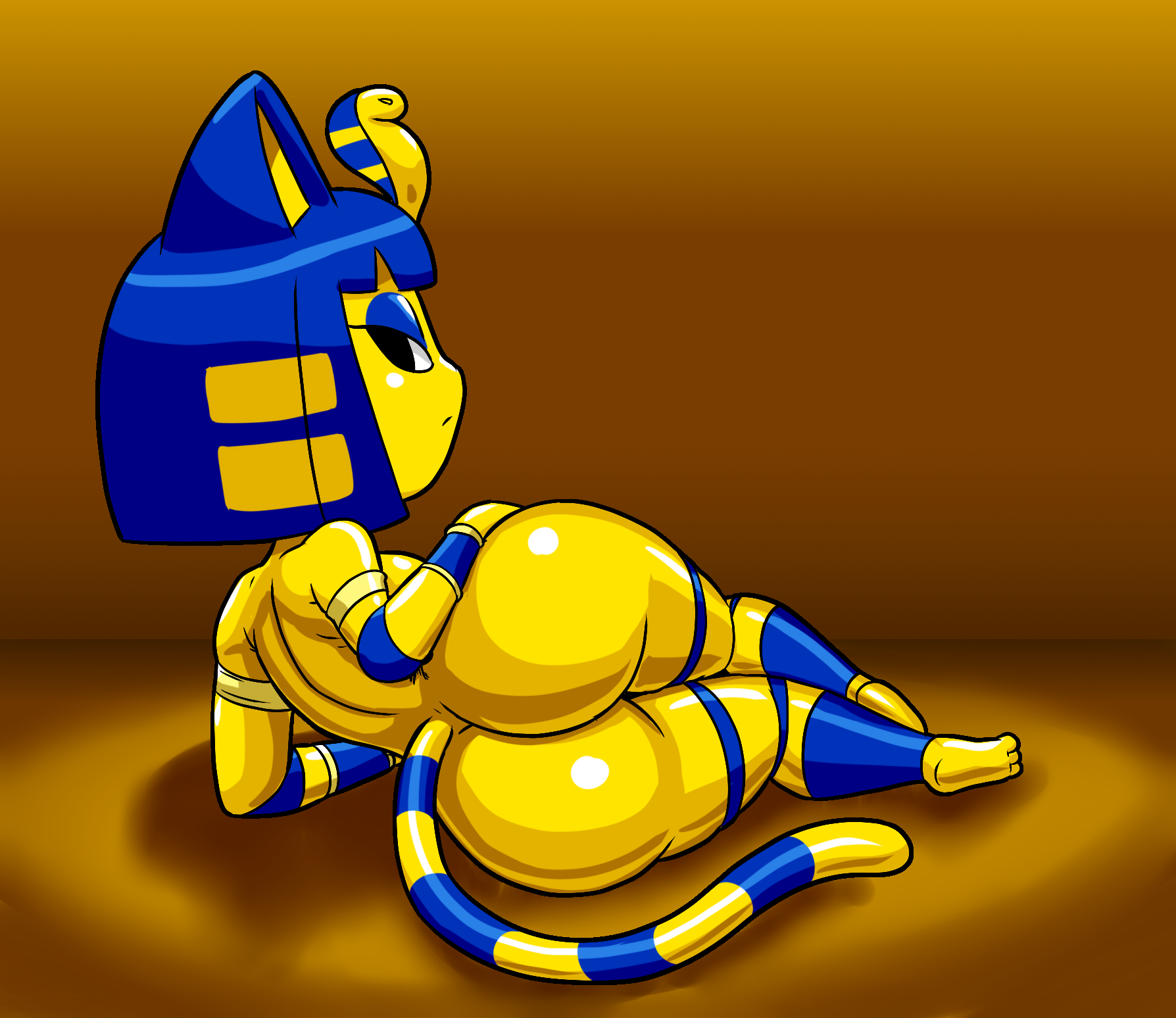 1girls, 2d, 3 toes, animal crossing, ankha, ankha (animal crossing), anthro, armpits, ass, ass grab, back, backboob, big ass, big butt, big ears, big eyes, black eyes, blue fur, blue hair, bottom heavy, bracelet, breasts, brown background, bubble ass, bubble butt, cat ears, cat girl, cat tail, catgirl, doubutsu no mori, egyptian, eye contact, eyelashes, feet, feline, female, female only, furry, half-closed eyes, hand on ass, high resolution, huge ass, large ass, looking at viewer, nairu (doubutsu no mori), nintendo, nude, on floor, on side, paws, pose, posing, shiny skin, short hair, shortstack, sideboob, simple background, soles, solo, source request, stripes, tagme, tail, tansau, thick thighs, wide hips