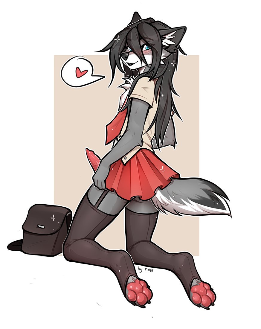 <3 2019 4_toes 5_fingers anthro black_hair black_nose blue_eyes canid canine canis digital_media_(artwork) eyebrows eyelashes f-r95 felix_heartstone fingers girly hair knot male mammal penis_under_skirt skirt solo toes wolf