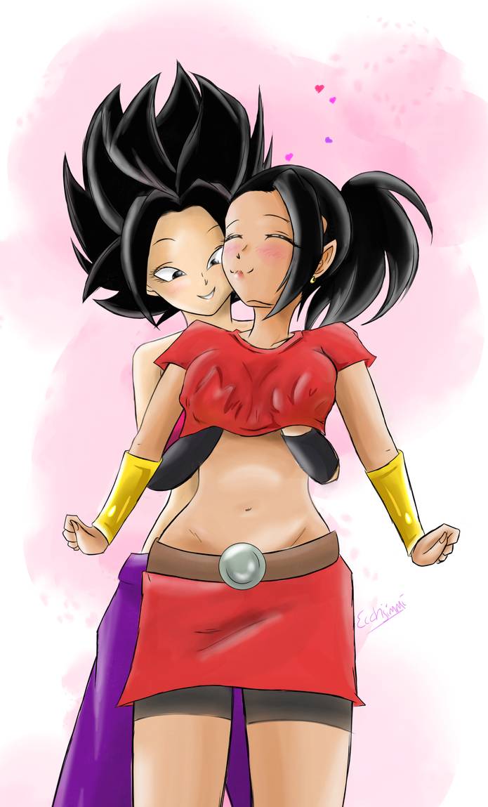 black eyes, black hair, breast grab, breasts, caulifla, dragon ball, dragon ball super, female, female only, kale, light skin, light-skinned female, long hair, saiyan, spiky hair, yuri