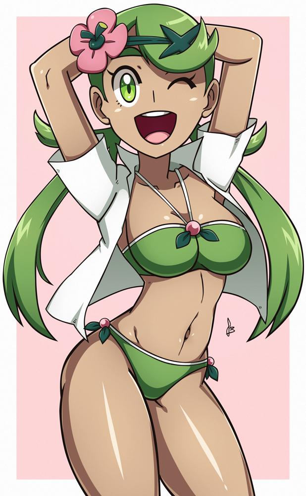 1girls, abs, alternate breast size, armpits, bikini, bra, breasts, cleavage, clothed, dark skin, dark-skinned female, eye contact, female, female only, green hair, green panties, human, looking at viewer, mallow (pokemon), nintendo, panties, pokemon, pokemon sm, pose, shirt, solo, source request, text, thick thighs, trial captain, watermark, wide hips, wink