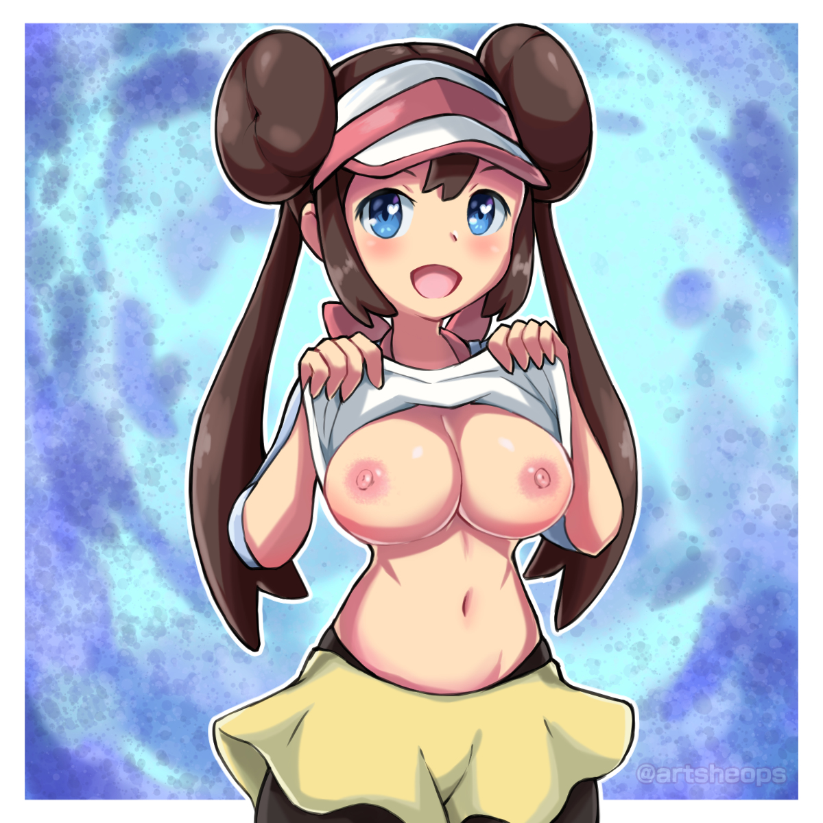 1girls, abs, artsheops, big breasts, blue eyes, breasts, brown hair, colored, exposed breasts, eye contact, female, female only, game freak, human, large breasts, looking at viewer, nintendo, pantyhose, pantyhose under shorts, pantyhose under skirt, pokemon, pokemon bw2, rosa (pokemon), shirt lift, shorts, skirt, solo, white border, yellow shorts, yellow skirt