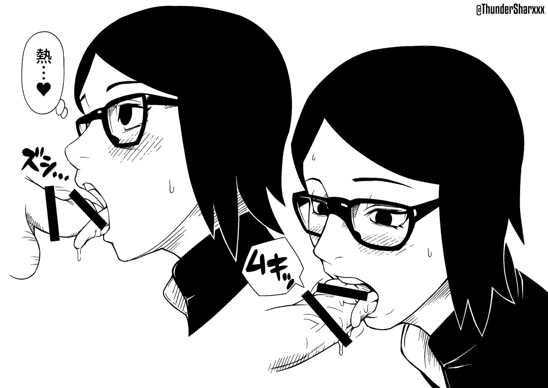 black and white, censored, close-up, clothed, clothed sex, erection, female, flaccid, male, megane, monochrome, multiple views, naruto, naruto (series), oral, penis, sarada uchiha, short hair, thundersharxxx, tongue, tongue out