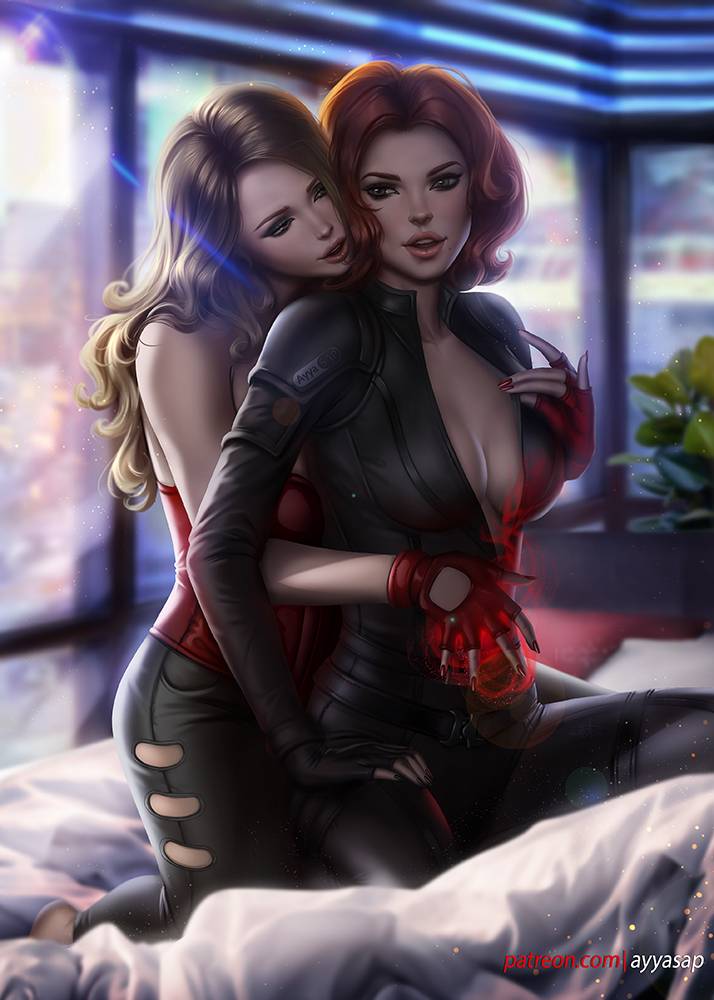 2girls, avengers, ayyasap, black widow (marvel), bodysuit, breasts, brown hair, cleavage, clothing, female, female only, human, human only, leather, lesbian, light skin, light-skinned female, long hair, magic, magic user, marvel, marvel cinematic universe, marvel comics, multiple females, multiple girls, natasha romanoff, red hair, scarlet witch, short hair, superheroine, unzipped bodysuit, unzipping, wanda maximoff, yuri