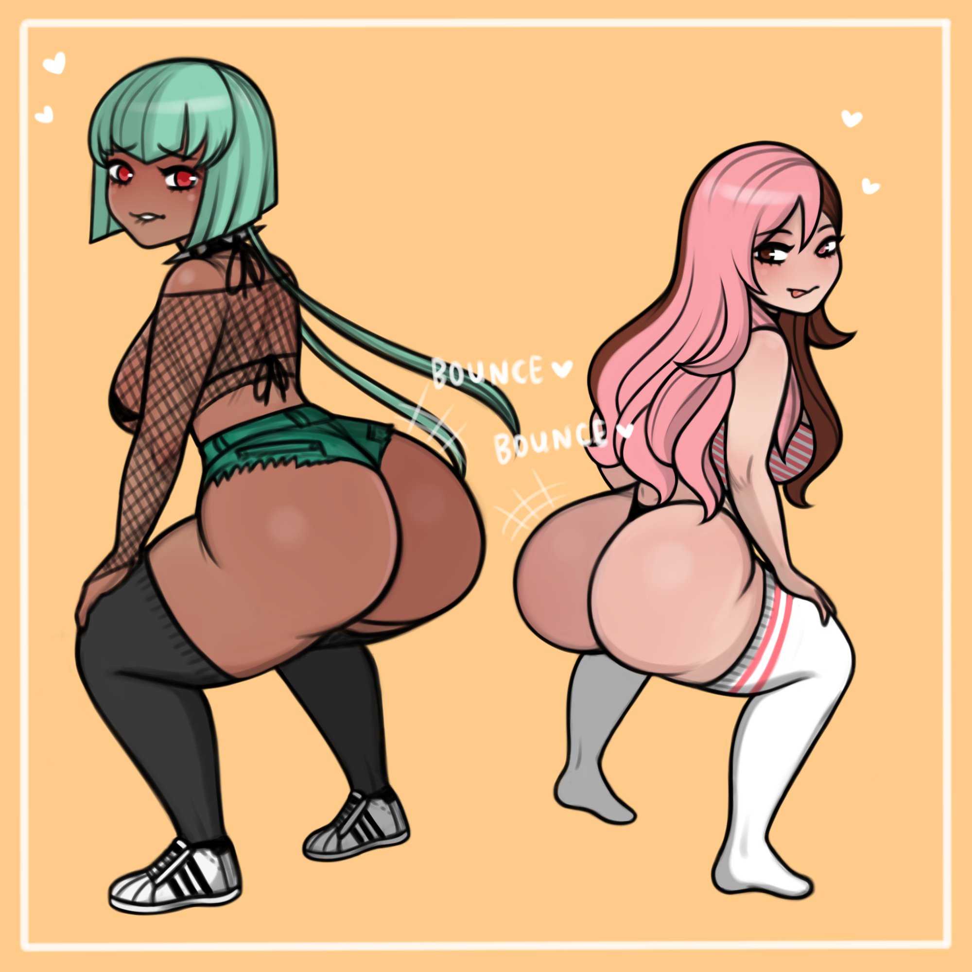 2girls, ass, big ass, big butt, biting lip, brown hair, clothing, dark skin, dark-skinned female, dickishly, emerald sustrai, female, female only, green hair, heterochromia, looking back, multicolored hair, multiple females, multiple girls, neo (rwby), pink hair, rwby, shorts, split ass, thighhighs, thong, twerking, two-tone hair