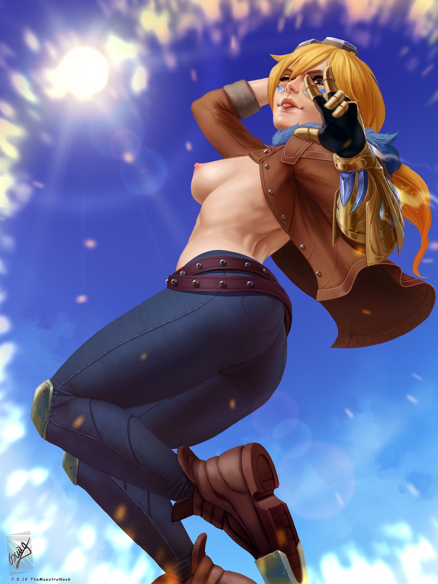 areolae, ass, breasts, erect nipples, ezreal, female, large breasts, league of legends, looking at viewer, looking back, looking down, nipples, solo, themaestronoob, topless, viewed from below