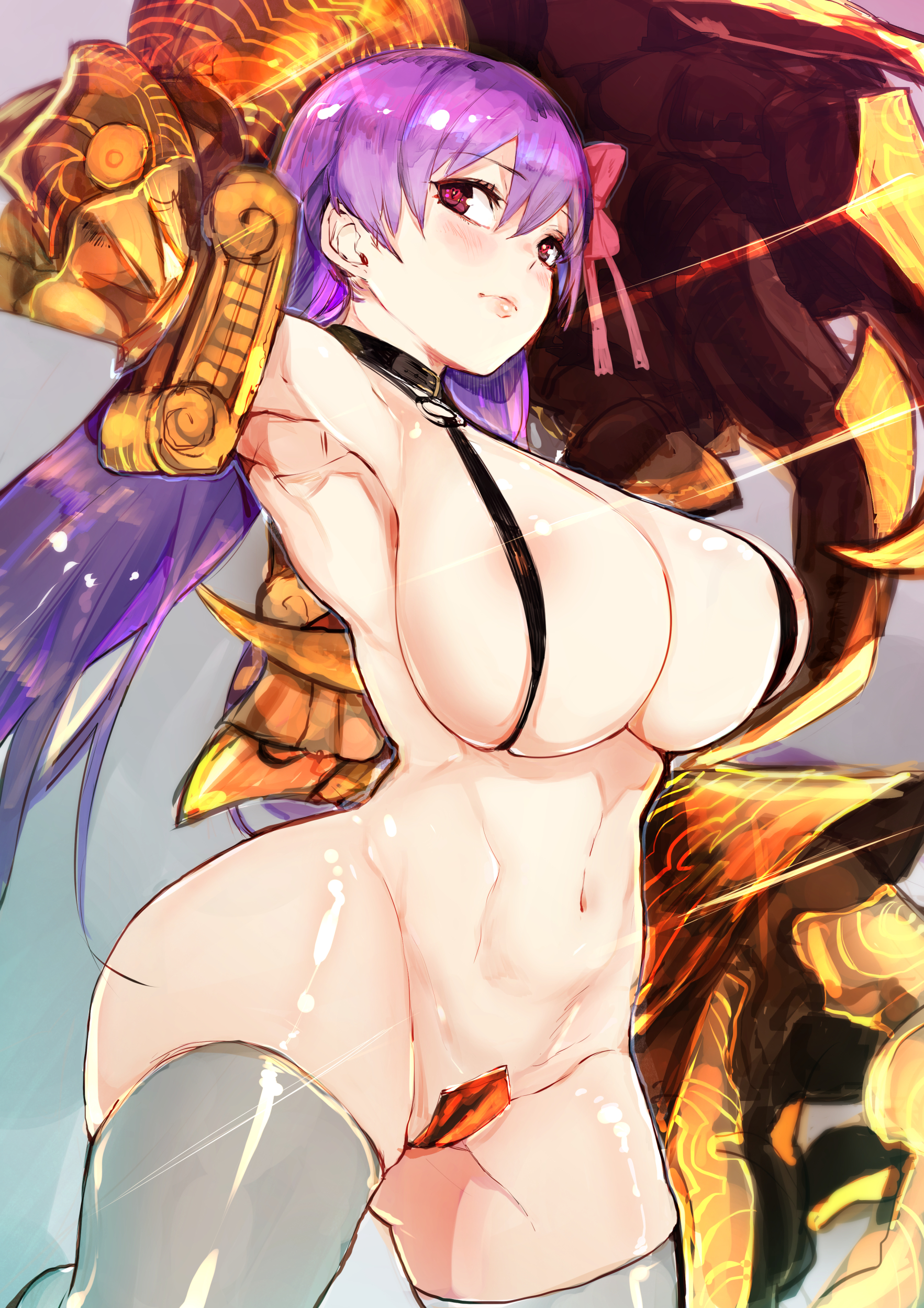 artist request, bikini armor, breasts, fate (series), fate/grand order, female, huge breasts, long hair, micro bikini, passion lip, purple hair, red eyes, thong, underboob