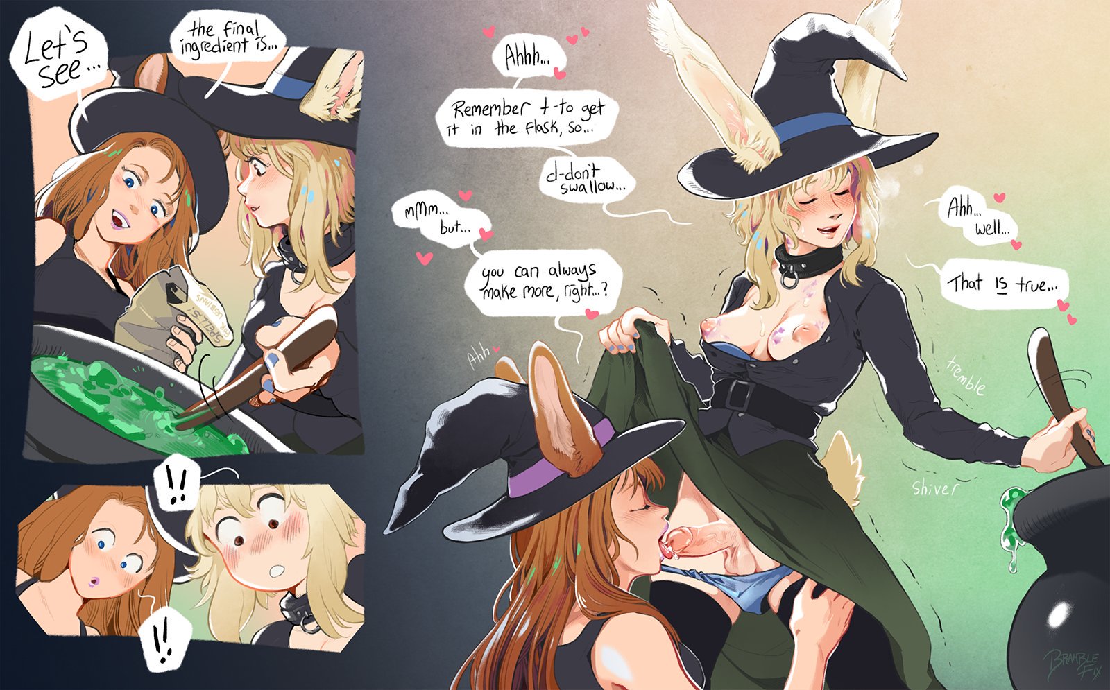 1futa, 1girls, animal humanoid, balls, bramblefix, breasts, breasts out, cauldron, comic, english text, female, final fantasy, final fantasy xiv, futanari, hairless balls, intersex, inverted nipples, oral, panels, panties down, penis, sequence, skirt lift, speech bubble, viera, witch, witch hat