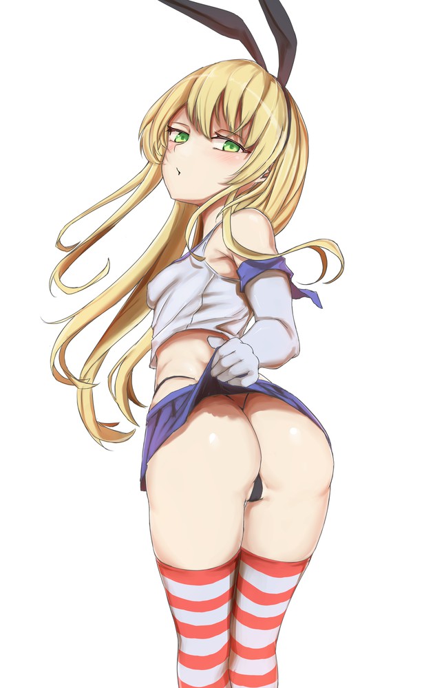 ass, blonde hair, female, green eyes, kantai collection, leotard, long hair, school uniform, shimakaze (kantai collection), skirt, thong