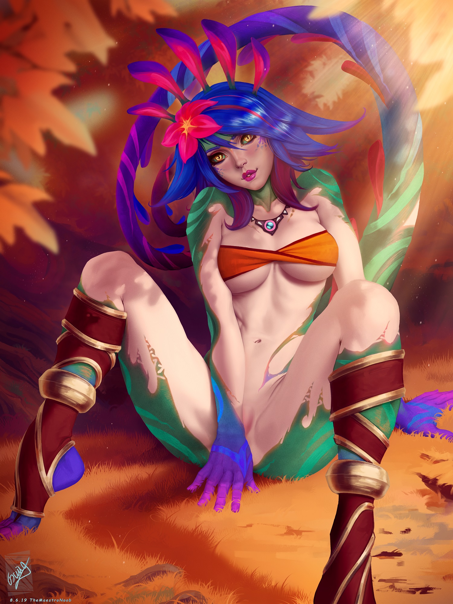 1girls, 2019, abs, blue hair, bottomless, breasts, chameleon, clothes, covering crotch, dated, female, female only, forest, league of legends, light skin, light-skinned female, neeko, riot games, sitting, solo, spread legs, tail, text, themaestronoob, underboob, watermark