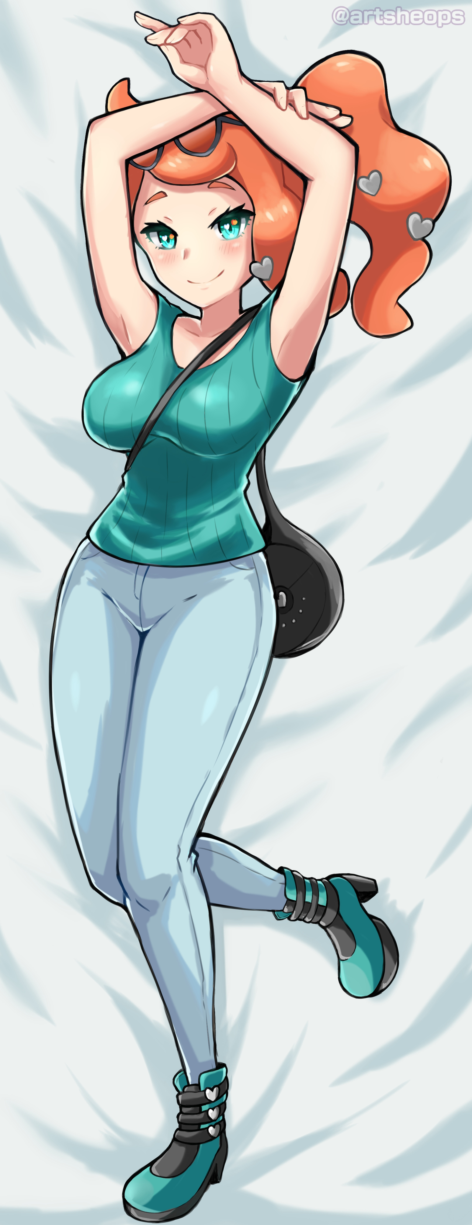 1girls, alternate breast size, armpits, artsheops, big breasts, blue eyes, boots, breasts, dakimakura, eye contact, female, female only, hair ornament, heart, heel boots, high heel boots, human, human only, large breasts, long hair, looking at viewer, nintendo, orange hair, pants, pokemon, pokemon ss, ponytail, shirt, shoes, smile, sonia (pokemon), sunglasses, sunglasses on head, tank top, text, watermark, wide hips