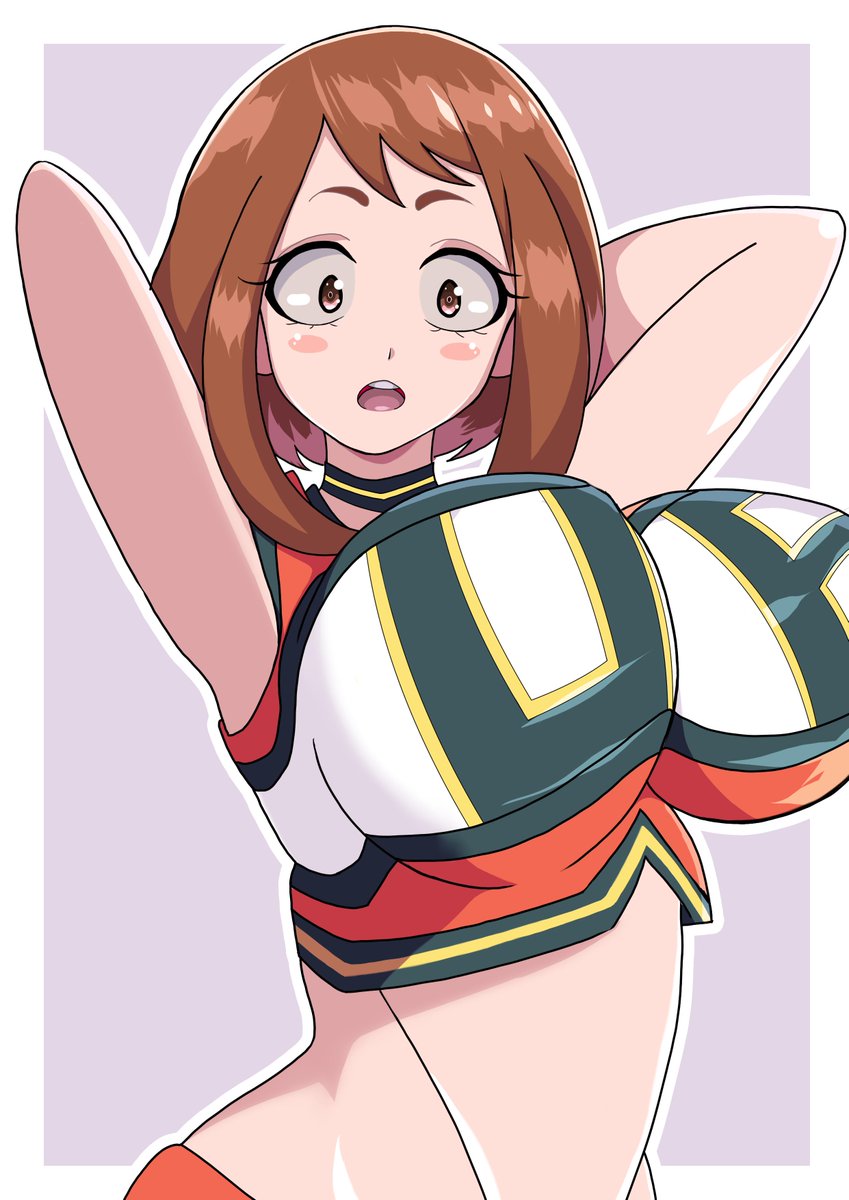 1girls big_breasts bimbo bob_cut brown_eyes brown_hair busty cheerleader cheerleader_uniform eyelashes female female_only huge_breasts light-skinned_female light_skin my_hero_academia ochako_uraraka senak012 shounen_jump solo tagme tight_clothing u.a._cheerleader_outfit