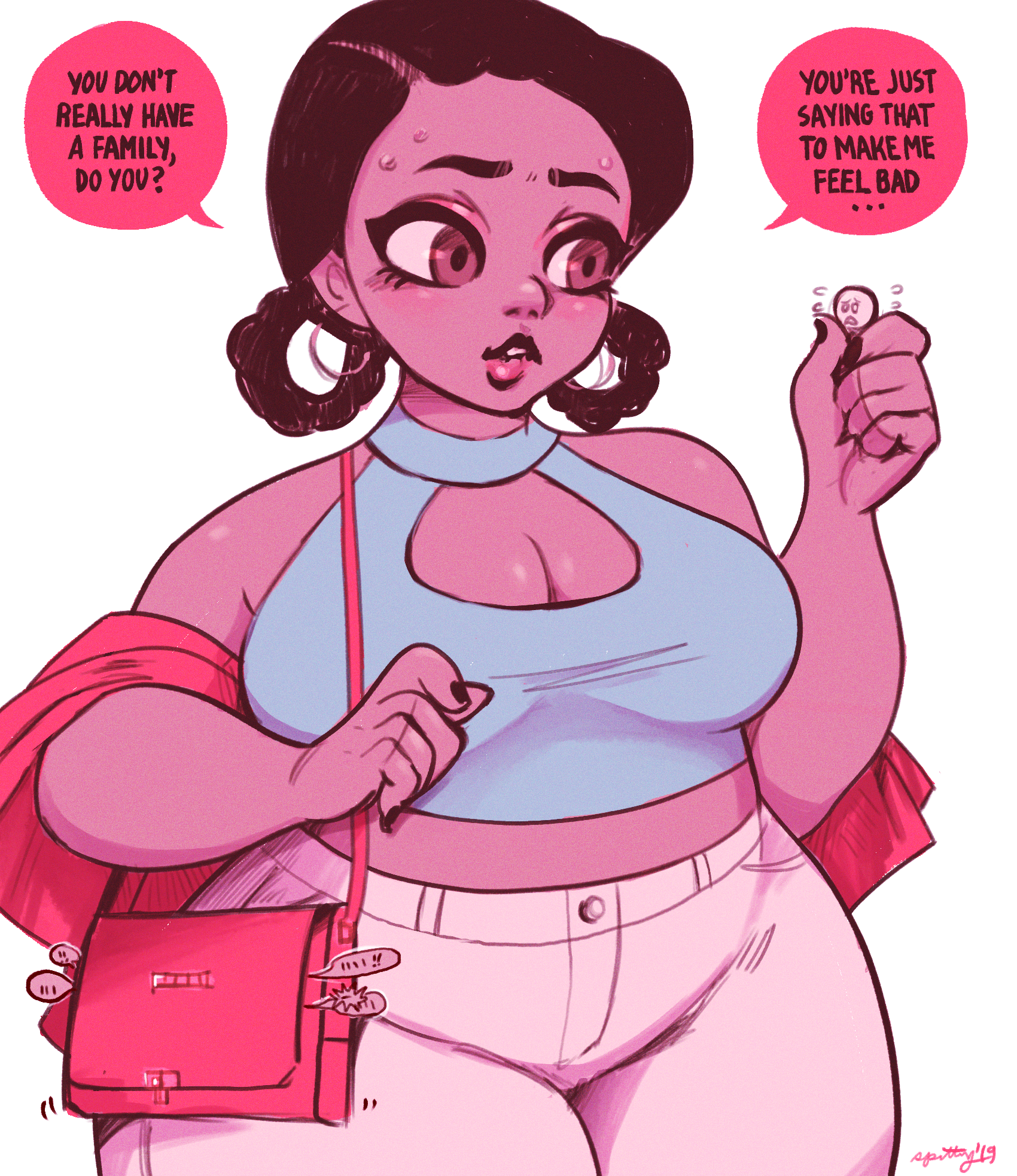 2019, absurd res, bbw, begging, big breasts, biting lip, braided hair, breasts, chubby, cleavage, cleavage cutout, clothed, color, cruelty, dark skin, dark-skinned female, dialogue, earrings, fat, female, giantess, kidnapped, larger female, nervous, purse, size difference, size play, speech bubble, spitty, sweat, sweatdrop, tagme, wide hips