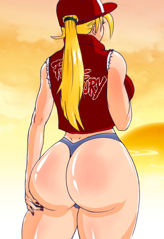 ass ass_up blonde_hair blue_thong braid canon_genderswap dat_ass fatal_fury female female_terry gender_transformation huge_ass long_hair outdoor ponytail rule_63 snk terry_bogard thick_thighs thighs thong