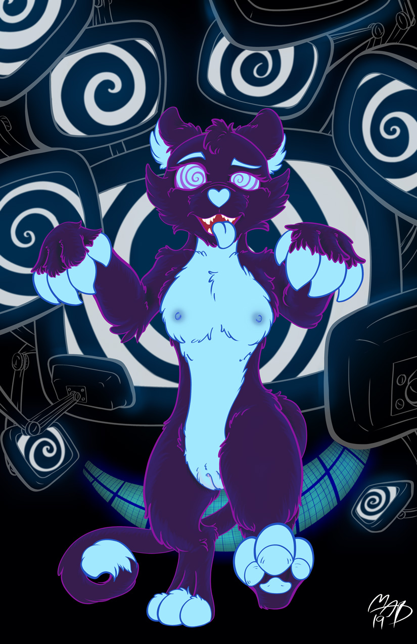 anthro beholder blue_body blue_fur breasts felid feline female fur furry glowing hi_res hypno_(disambiguation) hypnosis invalid_tag mammal mind_control morbid_sanity mursa neon pantherine purple_body purple_fur pussy spiral_eyes television tongue tongue_out