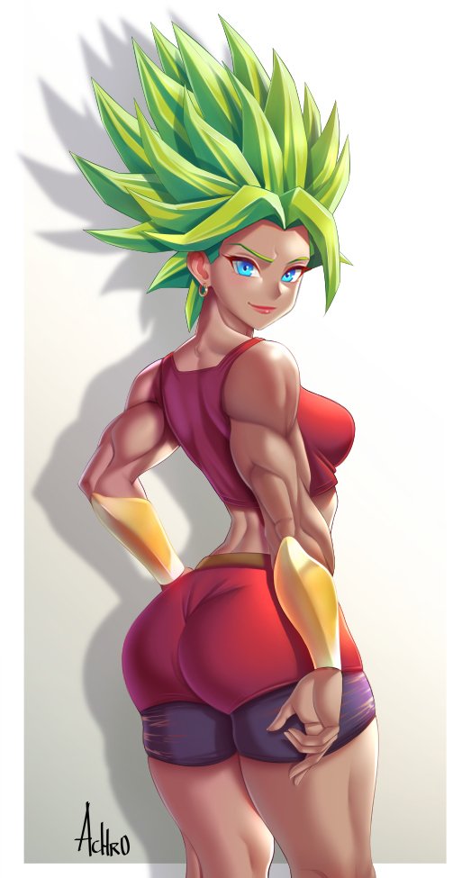 1girls, achromaru, ass, biceps, big ass, big butt, blue eyes, breasts, clothed, clothing, dragon ball, dragon ball super, female, green hair, kale, kale (berserker), legendary super saiyan, light skin, light-skinned female, looking at viewer, looking back, posing, saiyan, shiny, shiny skin, short hair, solo, spiky hair, super saiyan, super saiyan 2