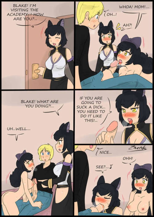 1boy, 2girls, black hair, blake belladonna, blonde hair, blowjob, blush, bow, cat ears, collaborative fellatio, comic, fellatio, female, jaune arc, kali belladonna, long hair, male, mother and daughter, multiple females, multiple girls, nude, oyakodon, penis, rwby, short hair, teamwork, text, zronku