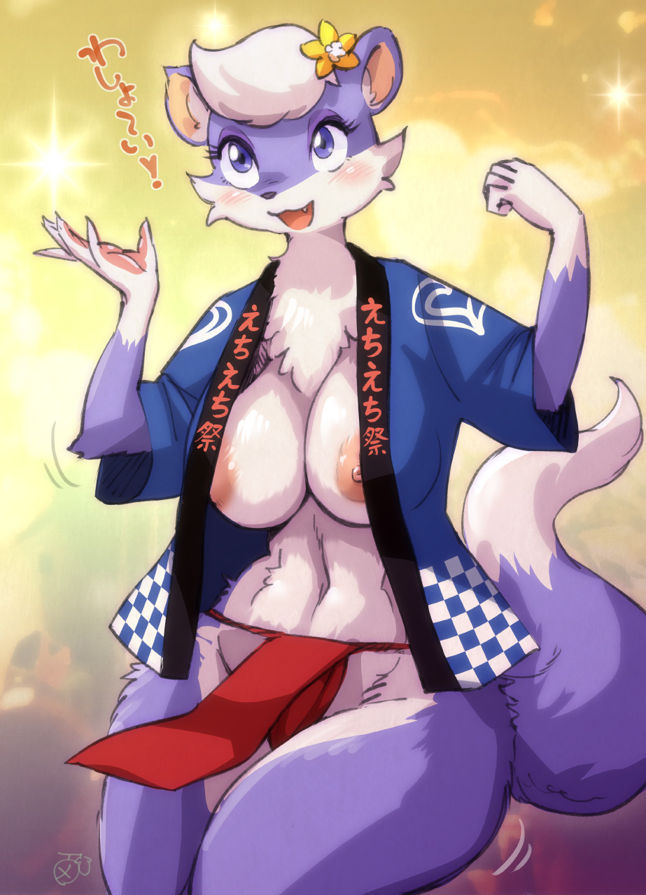 2020 accessory anthro blush breasts chest_tuft cute_fangs dialogue female flower flower_in_hair fur hair hair_accessory hi_res japanese_text mammal melonleaf mustelid navel nipples plant prune_(melonleaf) purple_body purple_fur simple_background smile solo text tuft white_hair wide_hips