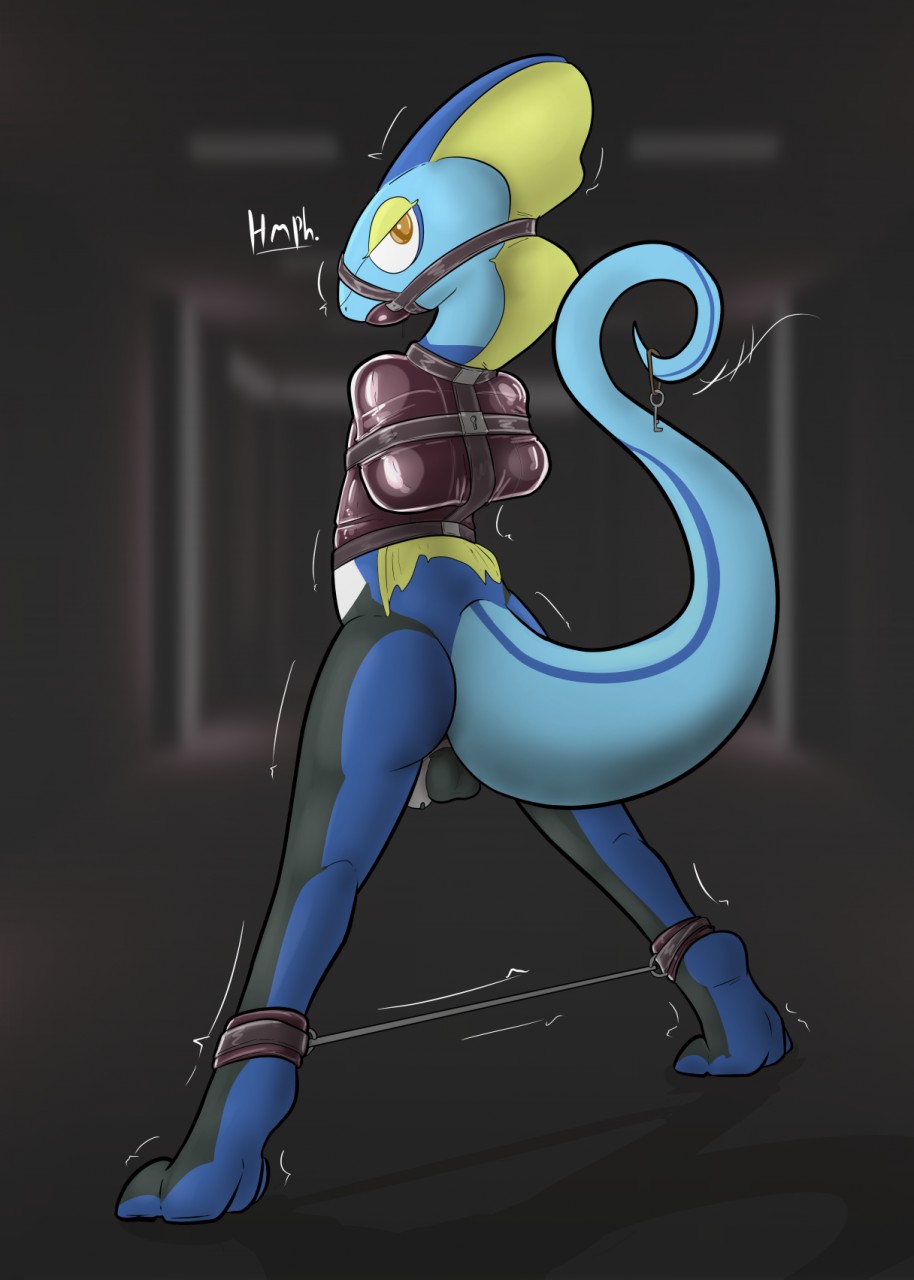 1boy 2019 anthro ball_gag balls bondage bound chastity_cage chastity_device digital_media_(artwork) feet gag gagged half-closed_eyes hands_behind_back hi_res inteleon key looking_at_viewer male nintendo penis pokemon pokemon_(species) pokemon_ss rubber scalie simple_background solo spreaderbar straitjacket stripedcrocodile trembling video_games