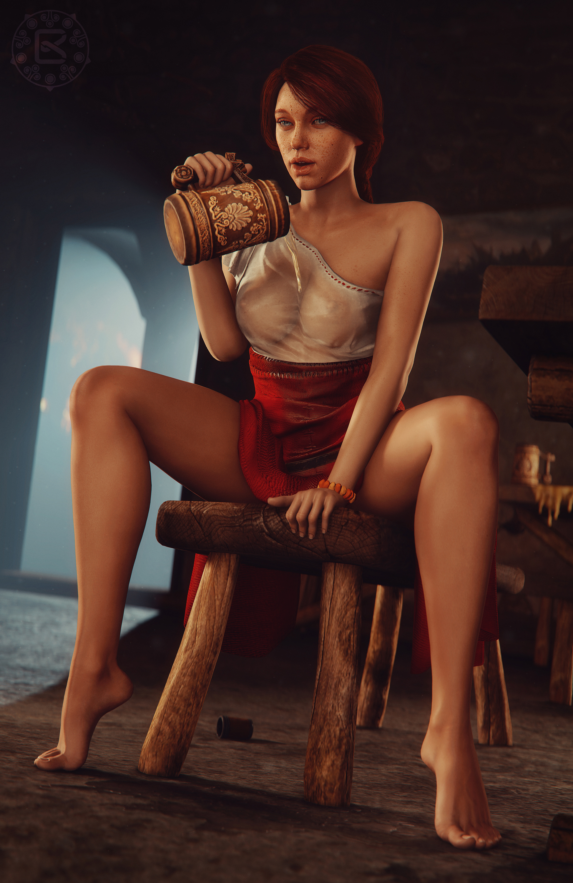 1girls, 3d, alcohol, areolae, barefoot, barstool, bea (the witcher), beer, big breasts, bomyman, breasts, cd projekt red, drunk, feet, female, female only, freckles, large breasts, looking at viewer, nipples, solo, source filmmaker, spread legs, the witcher (series), the witcher 3: wild hunt, toes, wet, wet clothes