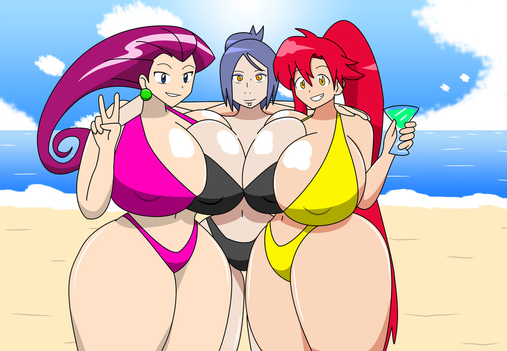 beach, bikini, breasts, crossover, female, huge breasts, human, igphhangout, jessie (pokemon), konan, naruto, naruto (series), pokemon, red hair, tengen toppa gurren lagann, wide hips, yoko littner