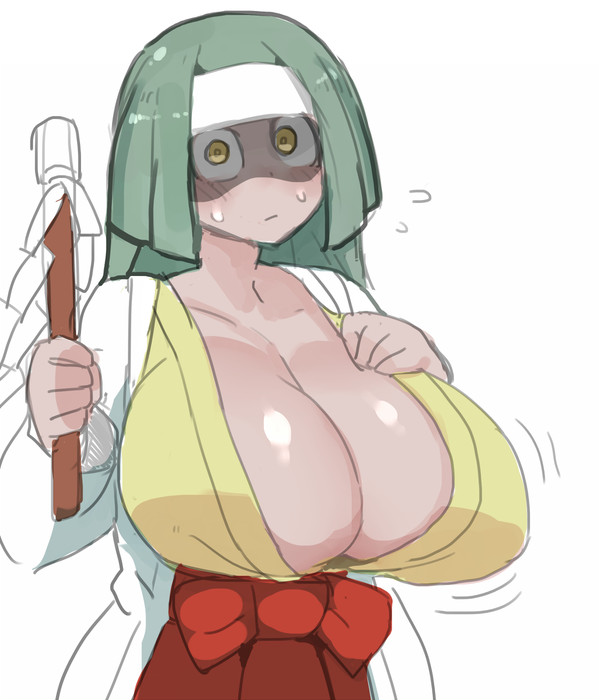 1girls areolae bangs big_breasts blush breast breasts busty channeler_(pokemon) cleavage clothed clothes clothing curvaceous curvy cute embarrassed gigantic_breasts gold_eyes green_hair hakama hand_on_breast headband human human_only kimono large_breasts long_hair looking_at_viewer navel nishikun no_bra oppai pokémon pokemon simple_background standing stick sweat very_long_hair voluptuous white_background yellow_eyes