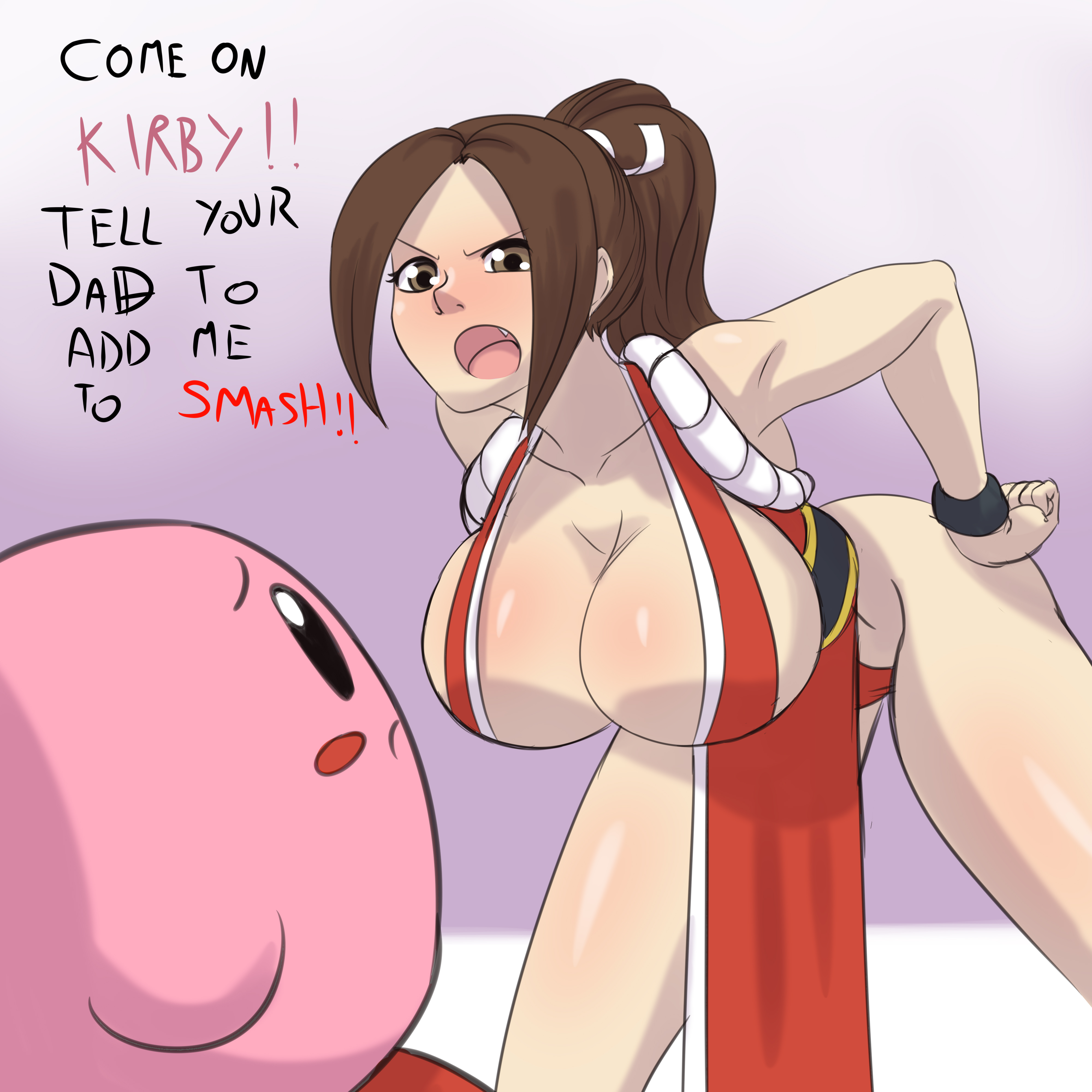 1boy, 1girls, absurd res, angry, bent over, big breasts, blush, breasts, brown hair, crossover, fatal fury, female, frown, hair, highres, king of fighters, kirby, kirby (series), mai shiranui, male, nintendo, oerba yun fang, open mouth, ponytail, snk, speech bubble, super smash bros., talking, text, thick thighs, thighhighs, thighs, tongue, upset, video games