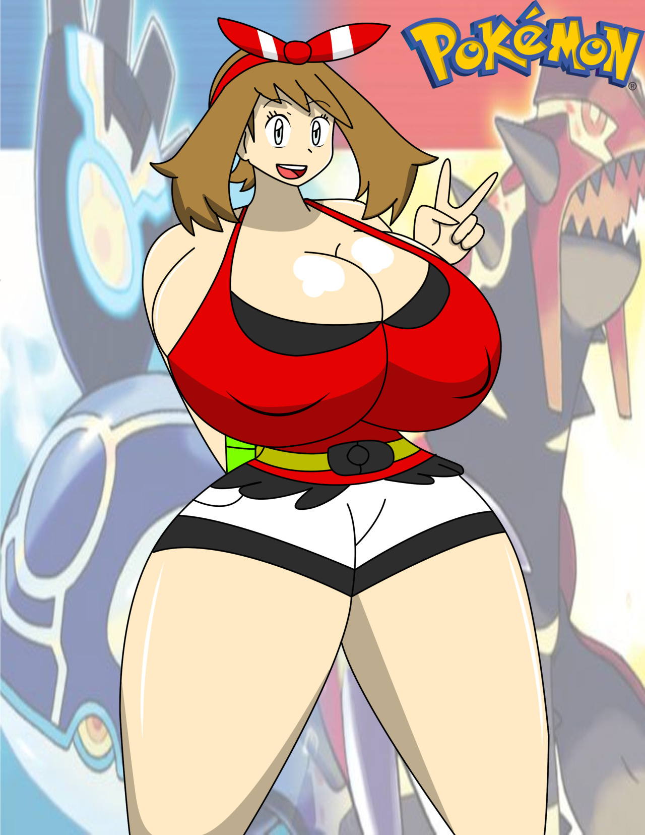1girls, alternate body type, alternate breast size, ass, breasts, brown hair, clothed, clothed female, curvy, female, female only, huge ass, human, hyper, hyper breasts, igphhangout, may (pokemon oras), may (pokemon), pokemon, pokemon oras, short shorts, shorts, smile, solo, solo female, thick thighs, thighs, top heavy, wide hips