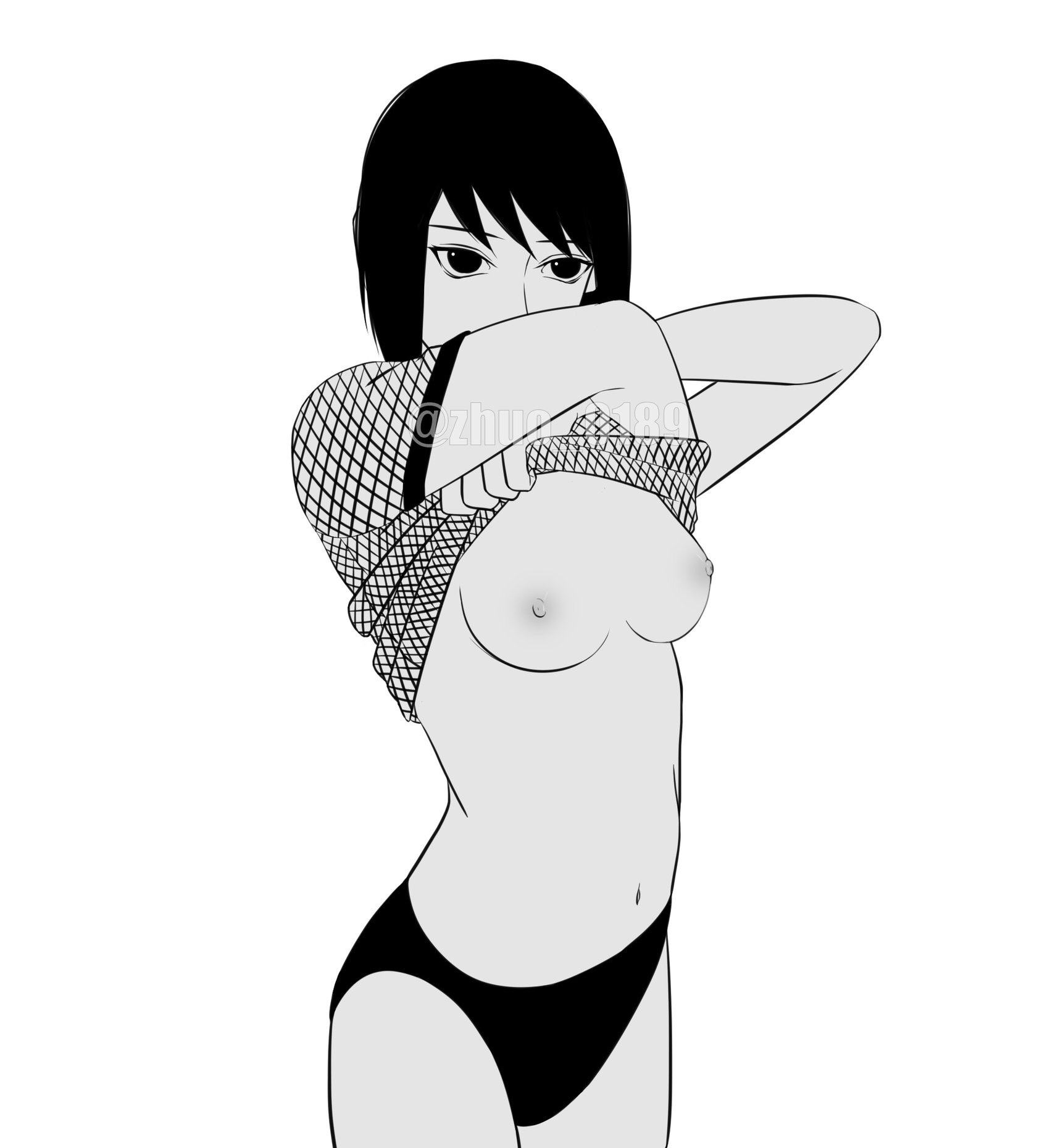1girls, areolae, bangs, black eyes, black hair, breasts, female, female only, fishnet, fishnet shirt, long hair, monochrome, naruto, naruto (series), naruto shippuden, nipples, no bra, panties, shirt, shirt lift, shirt up, shizune, solo, underwear, undressing, upper body, watermark, zhuo 0189