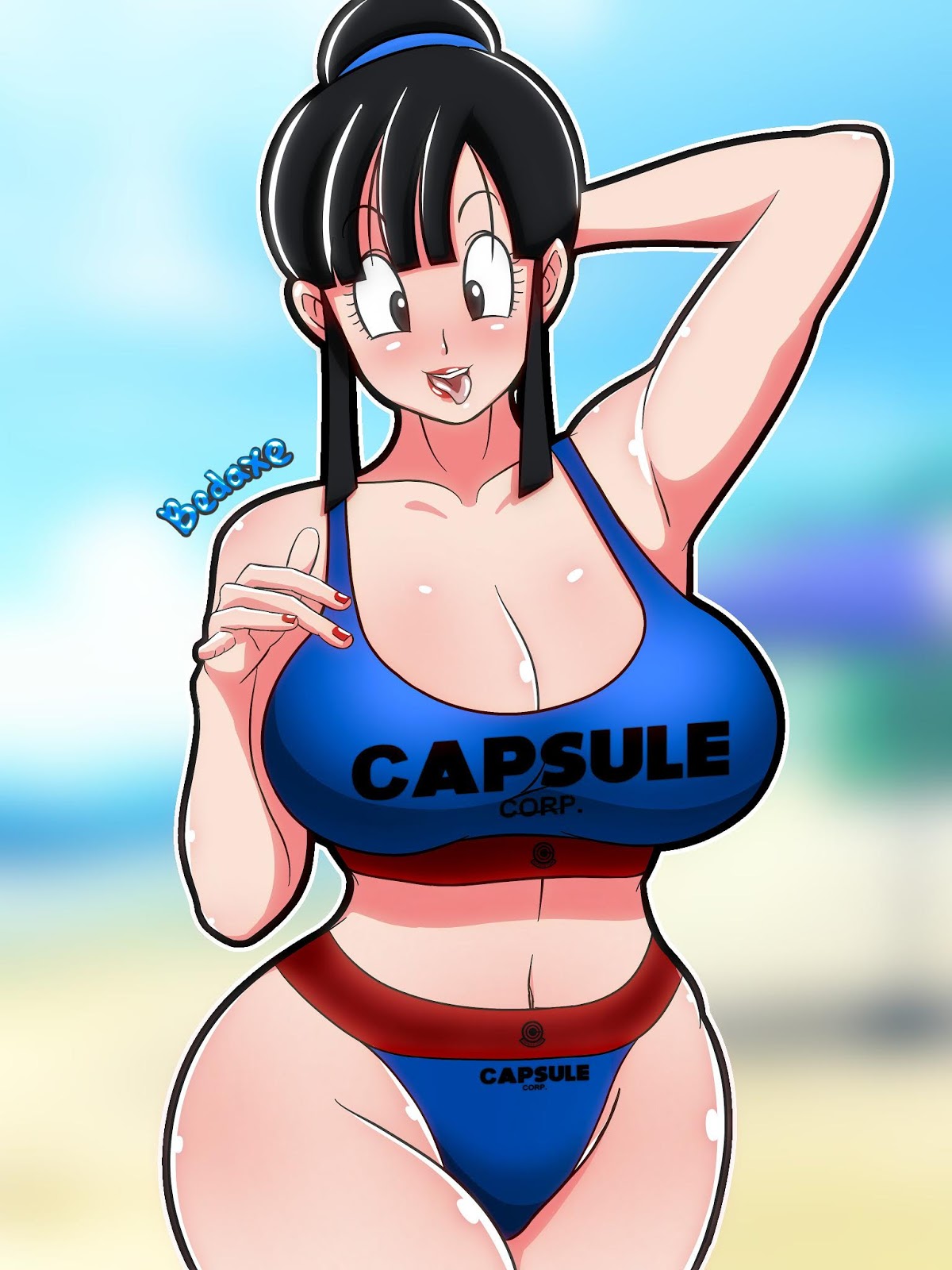 1girls 5_fingers alternate_breast_size armpits arms_behind_back bedaxe big_ass big_breasts black_eyes black_hair bra chichi cleavage clouds day dragon_ball dragon_ball_super dragon_ball_z eye_contact eyebrows eyelashes female female_only hair human human_only lipstick looking_at_viewer milf mother nail_polish panties parent red_lipstick shounen_jump sky smile solo text thick thick_thighs tongue tongue_out watermark wide_hips