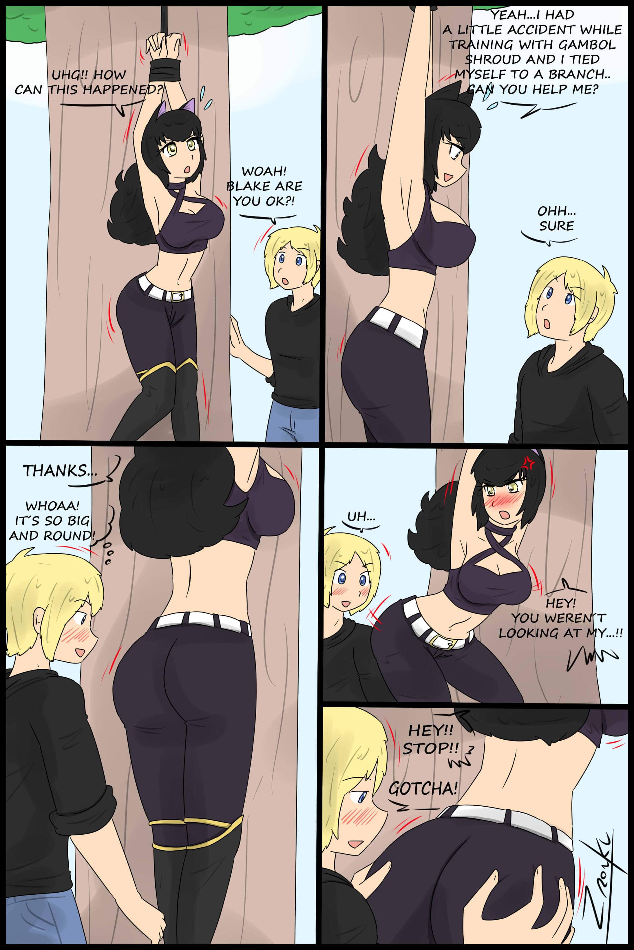 1boy, 1girls, ass, ass grab, black hair, blake belladonna, blonde hair, blush, cat ears, clothed, comic, female, jaune arc, long hair, male, rwby, short hair, text, tied hands, zronku
