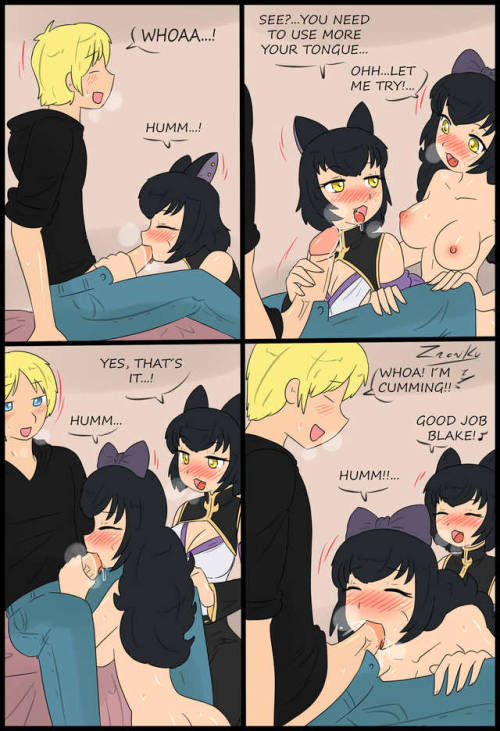 1boy, 2girls, amber eyes, black hair, blake belladonna, blonde hair, blowjob, blush, bow, cat ears, collaborative fellatio, comic, cum, cum announcement, cum in mouth, cum inside, fellatio, female, guided fellatio, jaune arc, kali belladonna, long hair, male, mother and daughter, multiple females, multiple girls, nude, oyakodon, penis, rwby, short hair, teamwork, text, zronku