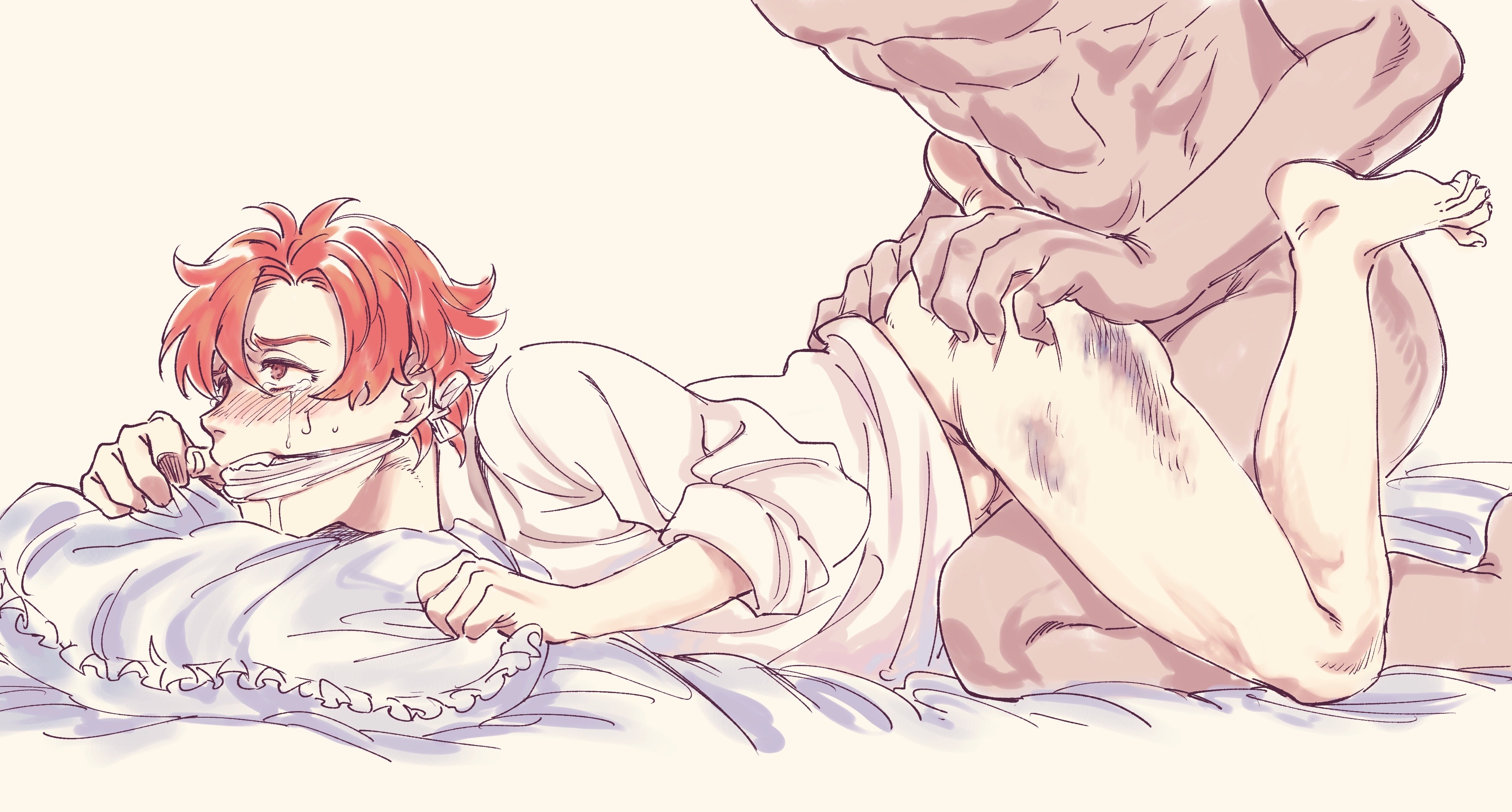 2boys, abs, anal, ass, ass grab, bedsheets, bottomless, bruise, crying, crying with eyes open, drooling, feet, fire emblem, fire emblem: three houses, forced yaoi, gag, gagged, gay, male, male only, muscular, muscular male, pillow grab, rape, red hair, sex, size difference, sweat, sylvain jose gautier, teach me gently, tears, yaoi
