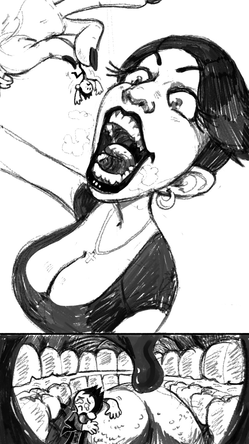 2018 big_breasts big_hands big_mouth cleavage clothed crazy_eyes cross cruelty crying eyelashes giantess horror impending_vore internal jewelry larger_female long_nails mawshot milf monochrome mouth_shot necklace nightmare_fuel open_mouth painted_nails scary short_hair size_difference size_play sketch smaller_male spitty tagme teeth tongue ugly uvula vore what