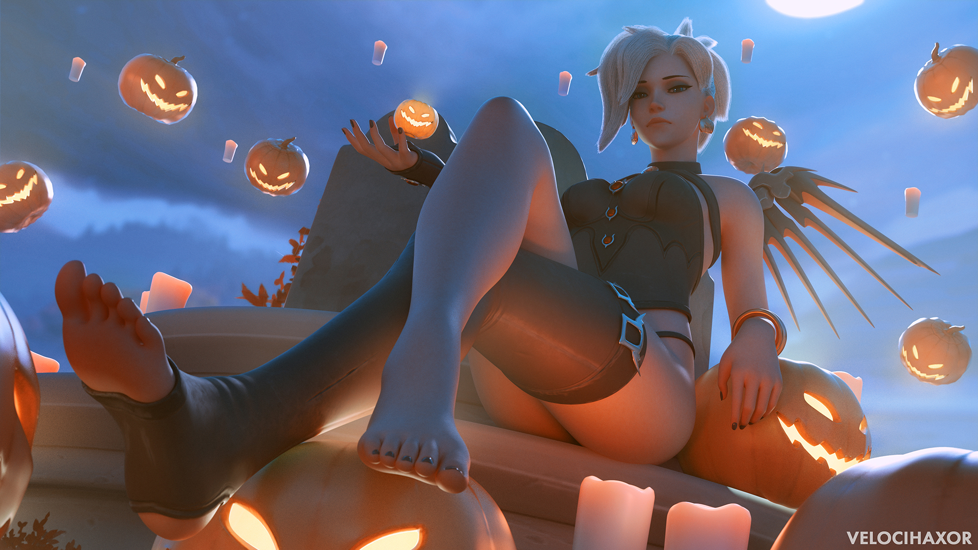 1girls, 3d, black toenails, blonde hair, feet, female, female only, foot fetish, halloween, looking at viewer, mercy, overwatch, pinup, solo, thighhighs, toes, velocihaxor