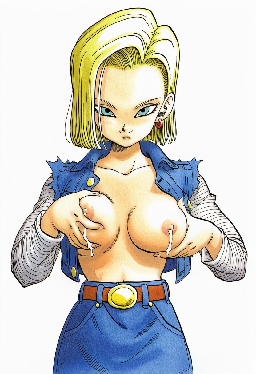 , 1girls, 2d, accurate art style, accurate body type, ai generated, akira toriyama (style), android 18, areolae, belt, belt buckle, blonde female, blonde hair, blue eyes, blue jacket, blue skirt, bob cut, breasts, breasts out, brown belt, buckle, cel shading, closed mouth, clothed, clothing, collarbone, cropped jacket, denim, denim jacket, denim skirt, dragon ball, dragon ball z, dripping milk, earrings, eyelashes, facing viewer, female, female focus, female only, forehead, front view, grabbing, grabbing own breast, hair behind ear, hair tucked behind ear, hands on own breasts, high resolution, highres, jacket, jewelry, lactating, lactation, light skin, light-skinned female, line art, long sleeves, looking at viewer, manga style, medium breasts, midriff, milk, nipples, no bra, official style, open clothes, presenting, presenting breasts, round breasts, short hair, simple background, skirt, smile, solo, solo female, solo focus, standing, striped clothing, striped shirt, striped sleeves, thin eyebrows, white background