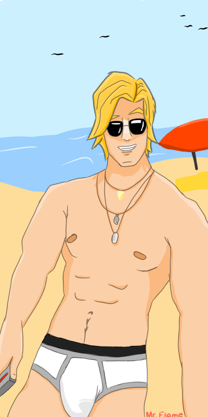 1boy beach briefs briefs_only bulge fortnite jonesy_(fortnite) male male_only male_underwear sand smile smiling solo solo_male sun_tan_specialist sunglasses underwear underwear_only white_male white_teeth yellow_hair