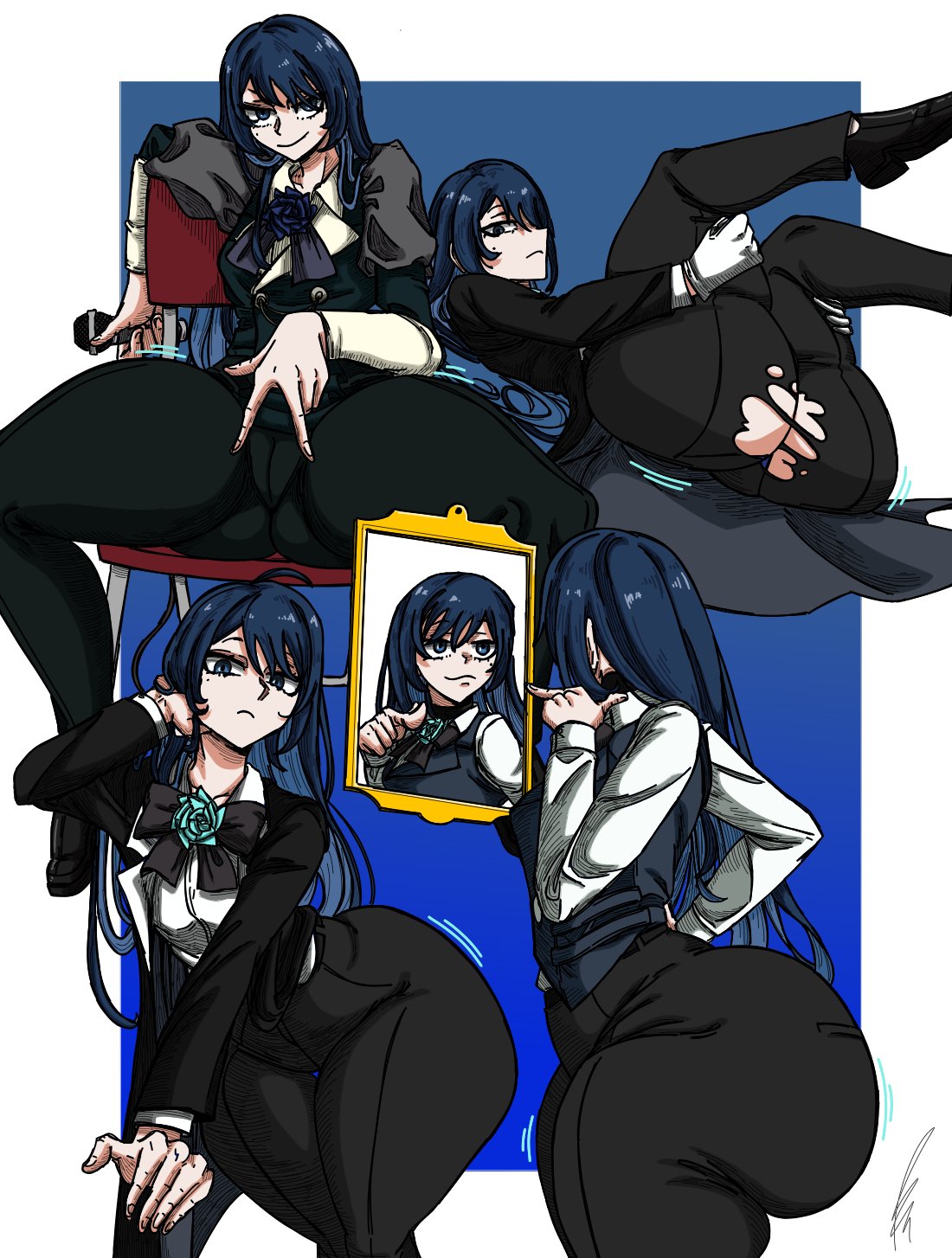 1girls, ado (utaite), alternate ass size, artsbenc, ass, ass focus, bendraws, big ass, bottom heavy, enormous ass, fat ass, gigantic ass, holding legs, huge ass, hyper ass, hyper asscheeks, looking at viewer, mirror, multiple poses, phat ass, ripped clothes, ripped clothing, ripped pants, round ass, round butt, solo female, spread legs, thick, thick ass, unrealistic proportions, voluptuous, voluptuous body, voluptuous female