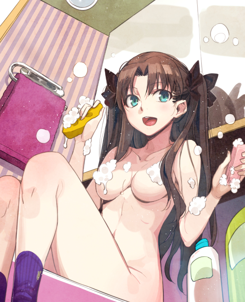 1girls, ankle socks, anklehighs, bathroom, black hair, breasts, cleavage, curvy, eyebrows visible through hair, fate (series), fate/stay night, female, female only, green eyes, hair ribbon, large breasts, long hair, looking at viewer, mirror, nude, open mouth, purple socks, sitting, soap, soap bubbles, soap censor, socks, sponge, tohsaka rin, towel, twintails, type-moon, washing