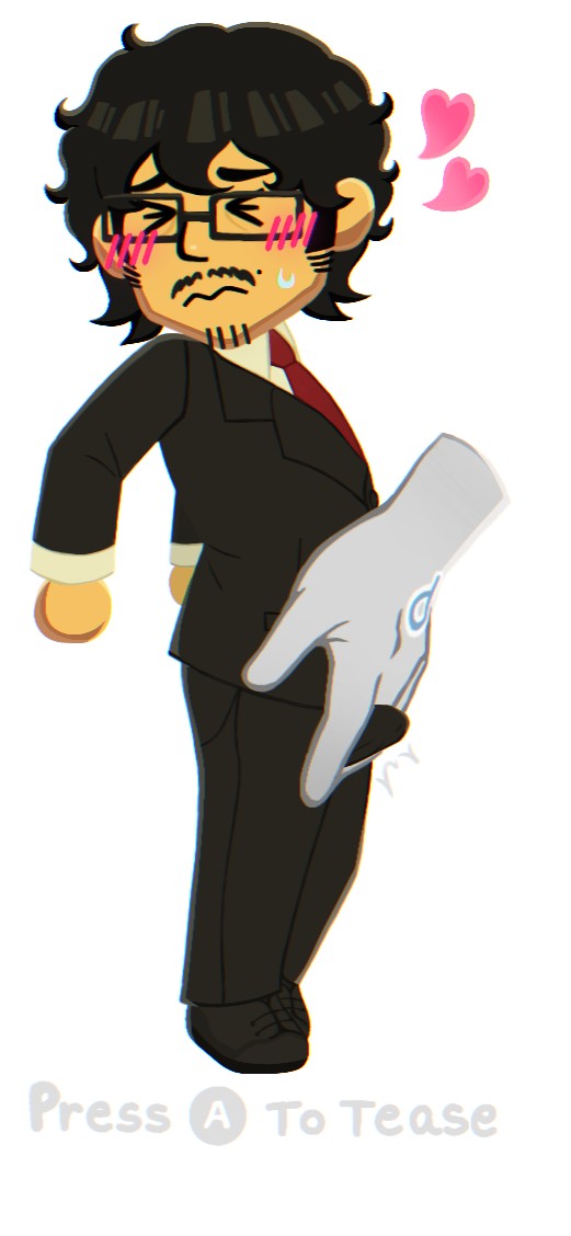 1ambiguous, 1boy, 1male, ambiguous gender, black hair, blush, boner, boner in pants, clothed, colored, cute, digital drawing (artwork), digital media (artwork), disembodied hand, divineflesh, embarrassed, embarrassed expression, enjoying, erect penis, erection, erection under clothes, facial hair, game ui, glasses, hearts, macro on micro, male, male/ambiguous, mii, nintendo, oc, original character, size difference, suit, teasing, tomodachi game, tomodachi life, tomodachi life: living the dream, white background