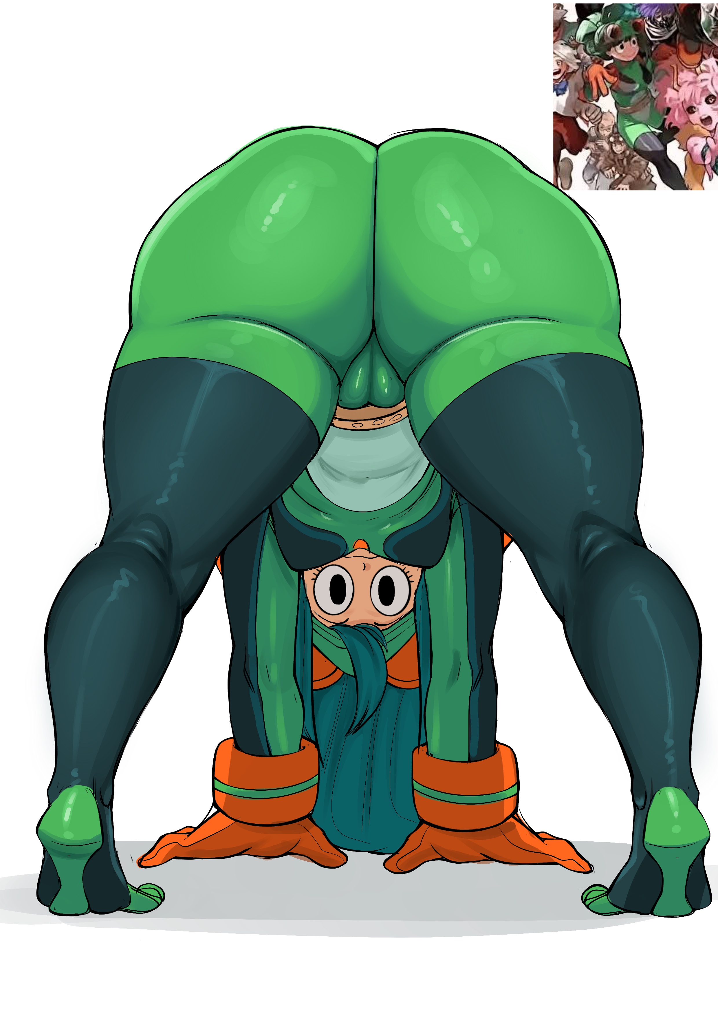 adult tsuyu, ass focus, boku no hero academia, bubble butt, butt crack, kimboscraft, large ass, my hero academia, my hero academia (finale), post-timeskip, reference image, solo female, solo focus, tsuyu asui, upside-down