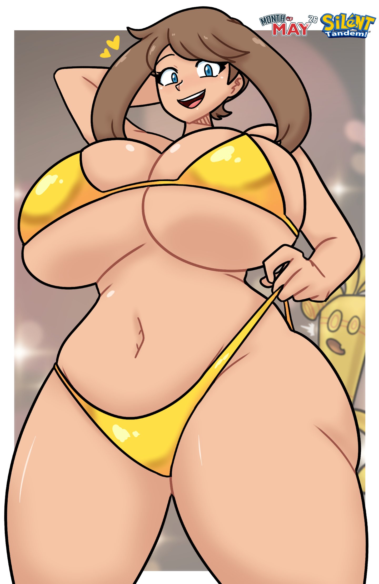 1girls, ass, ass visible from the front, belly, big ass, big breasts, bikini, blue eyes, boobies, boobs, breasts, brown hair, female focus, golden bikini, hand on underwear, huge ass, huge breasts, huge tits, huge titties, jugs, large breasts, may (pokemon), month of may (silenttandem), nice tits, open mouth, pokemon, short hair, silenttandem, thick thighs, thighs, tits, titties, wide hips