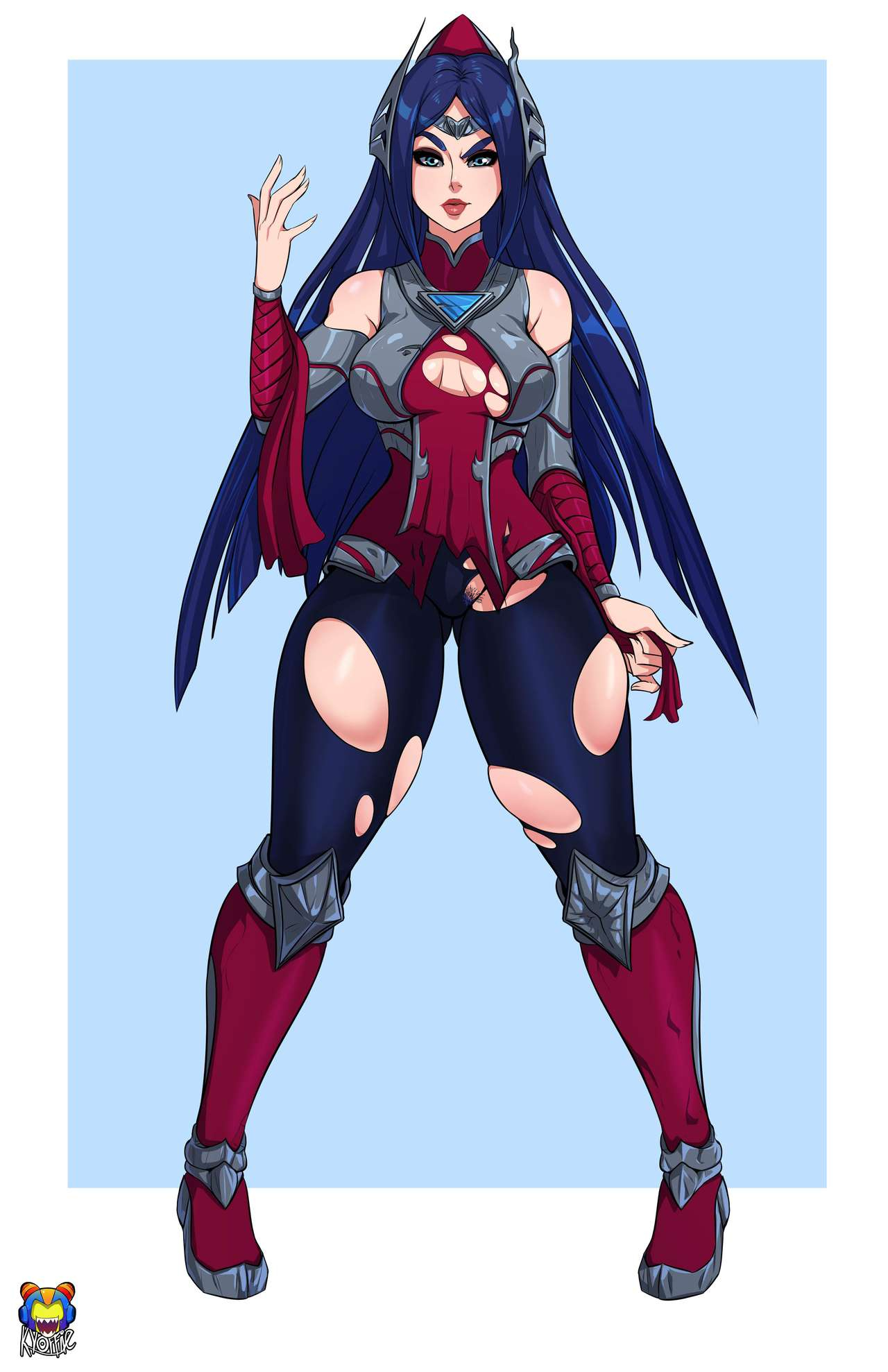 armor, black hair, blue eyes, breasts, confident, dark hair, destroyed clothing, female, irelia xan, kyoffie, league of legends, medium breasts, pubic hair, riot games