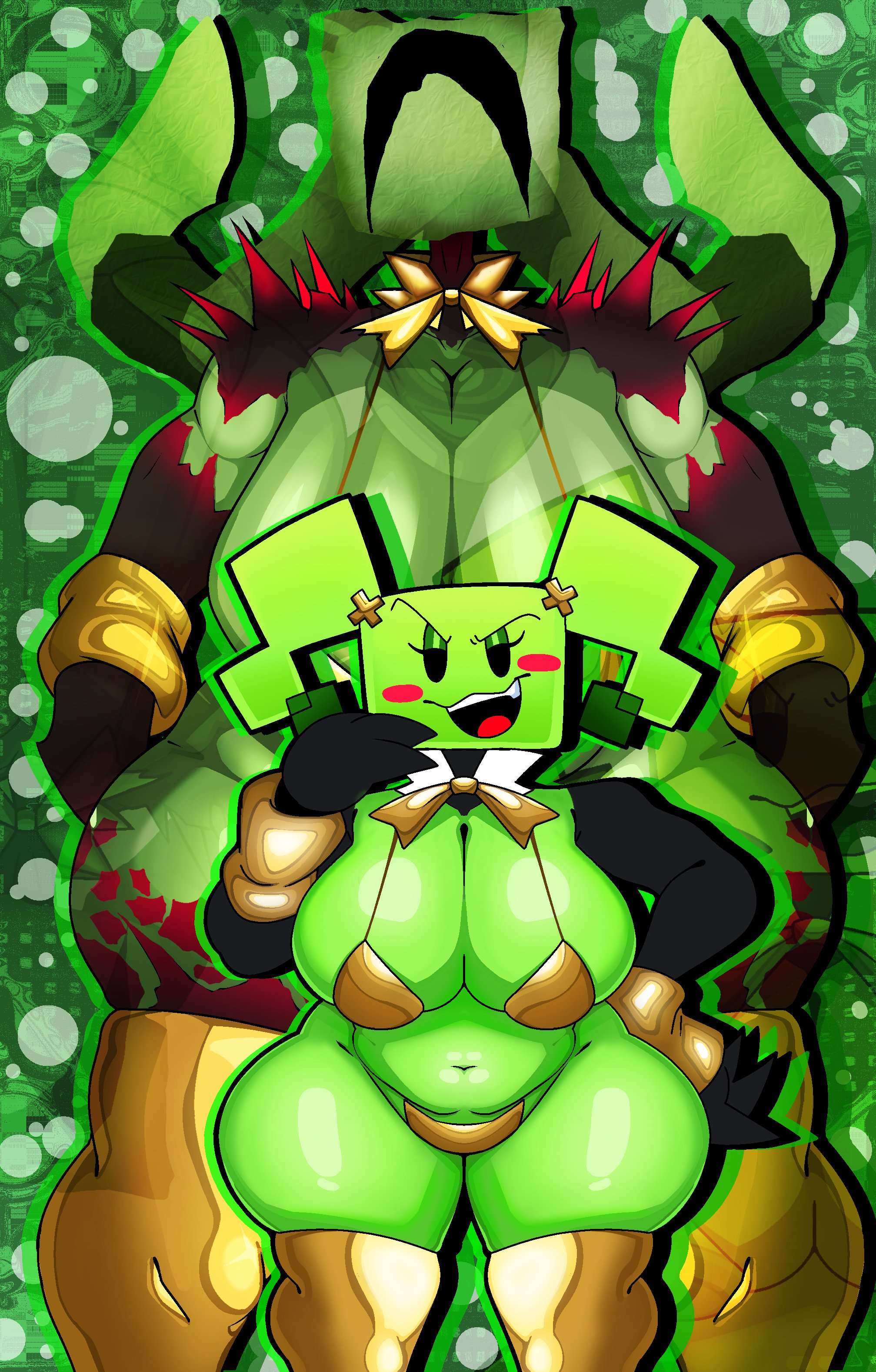 1girls, bikini, blush stickers, bowtie, breasts, cuffs, female, gold bikini, gold bowtie, gold cuffs, gold thighhighs, golden week, green hair, green skin, hand on hip, large breasts, mario (series), mimi (super paper mario), mob face, monster, monster girl, open mouth, paper mario, phoggy pho, smile, super paper mario, tagme, thick thighs, thighhighs, twintails