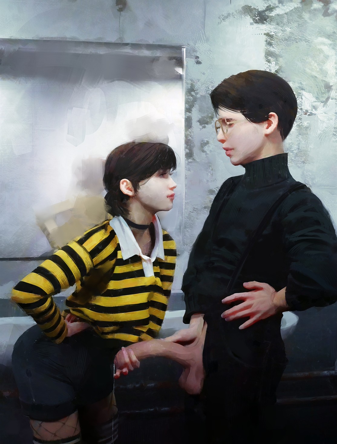 1boy, 1girls, bathroom, big penis, clothed, diathorn, erection, female, foreskin, glasses, male, mirror, penis, penis grab, penis out, precum, realistic, standing, stripes, uncircumcised