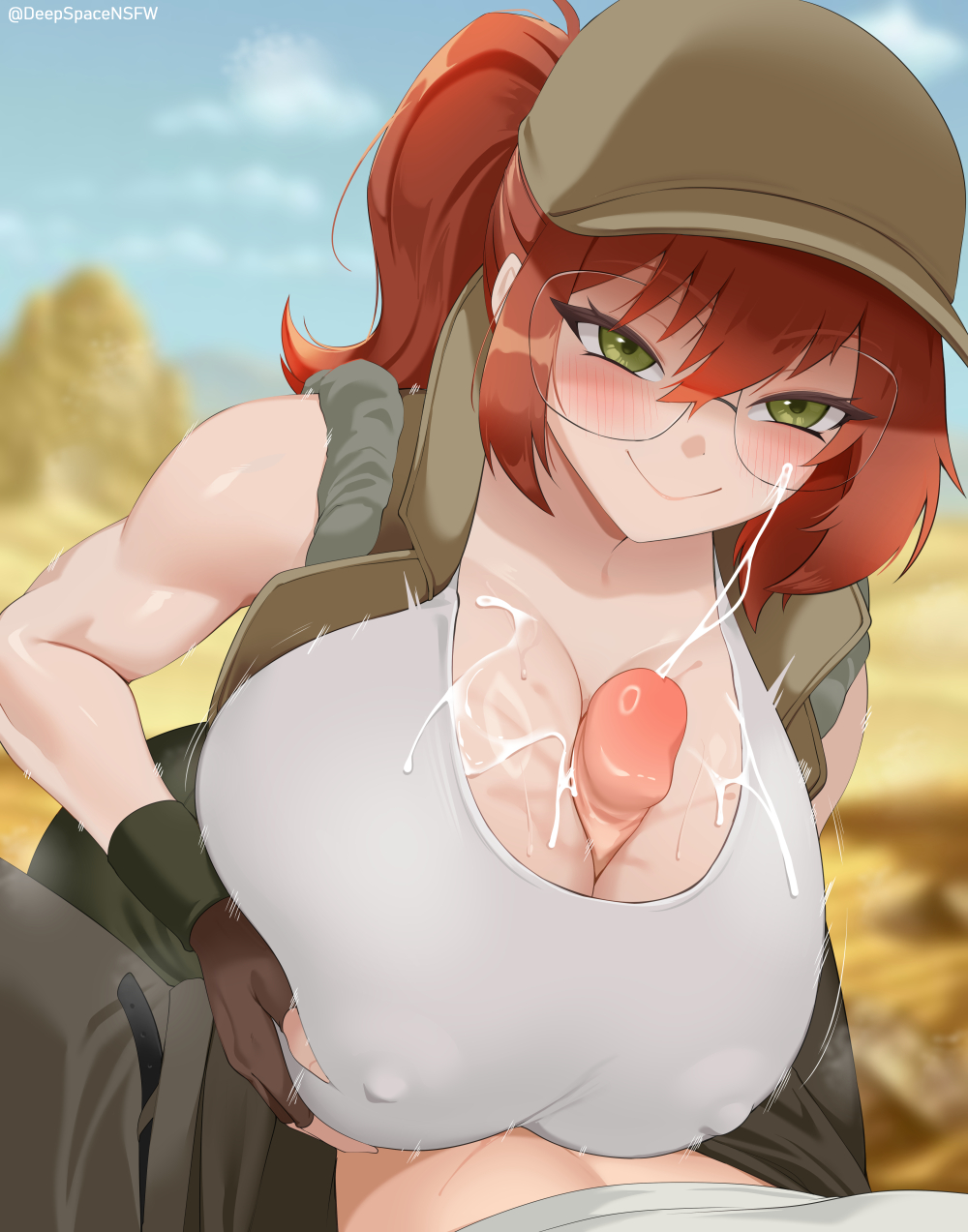 1boy, 1girls, big breasts, blush, cum, cum on breasts, deepspace, ejaculation, ejaculation between breasts, female, female focus, fio germi, glasses, green eyes, huge breasts, light-skinned female, looking at viewer, male, metal slug, nipple bulge, paizuri, paizuri under clothes, penis, ponytail, red hair, redhead, self upload, smiling, titfuck, titjob