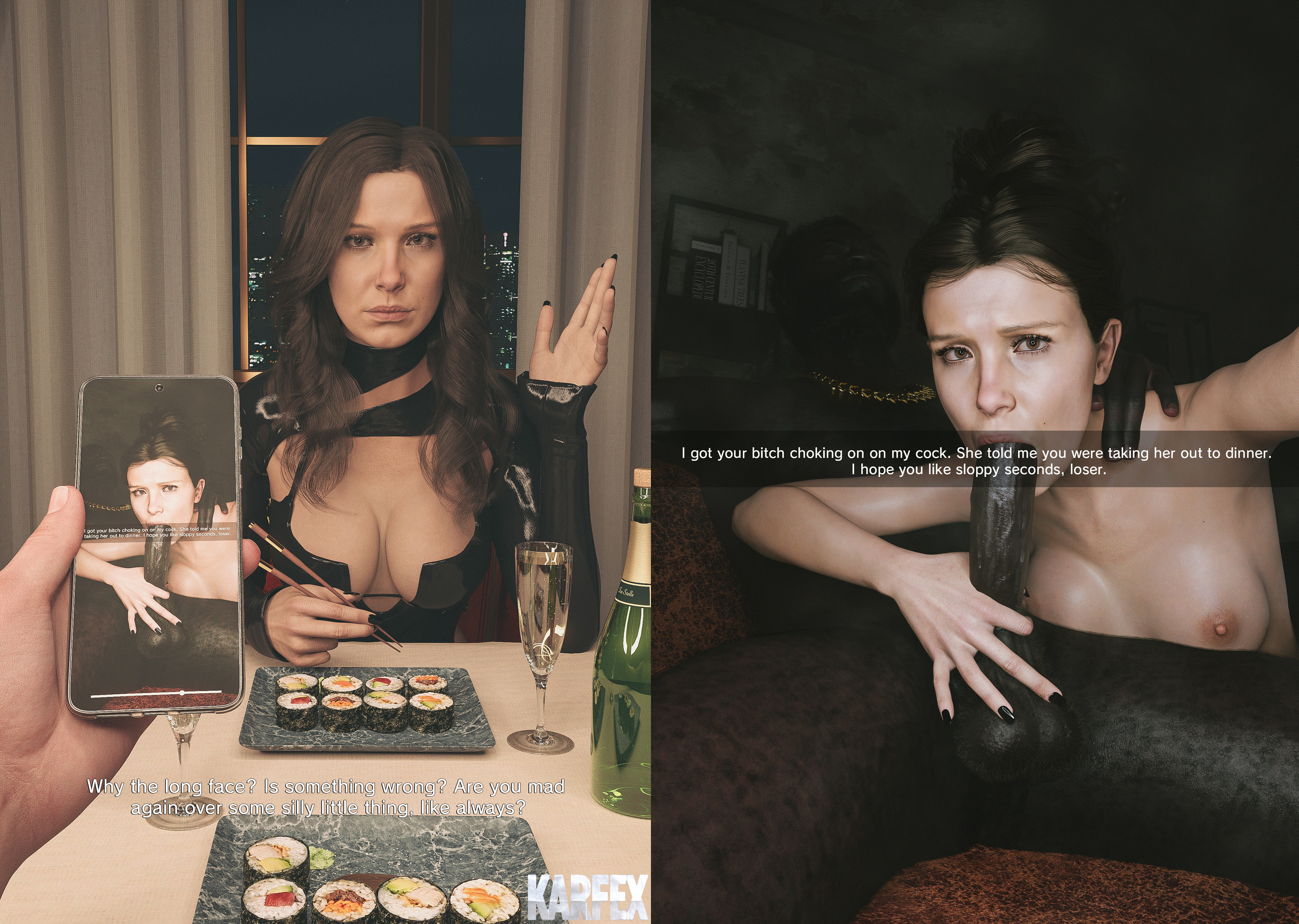 1boy, 1girls, 3d, blacked, blowjob, cheating, cheating (relationship), cheating female, cheating girlfriend, cheating wife, cuckold pov, dark hair, dark skin, dark-skinned male, interracial, karfex, light-skinned female, millie bobby brown, netorare, netorase, tagme, text
