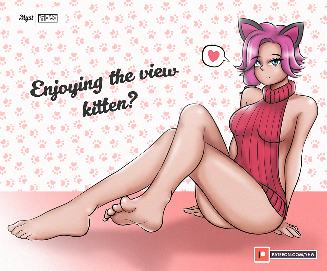1girls, alley cat maeve, alternate breast size, alternate costume, barefoot, blue eyes, breasts, cat ears, feet, female, foot fetish, hi-rez studios, large breasts, light skin, light-skinned female, maeve (paladins), paladins, pink hair, virgin killer sweater, yhw
