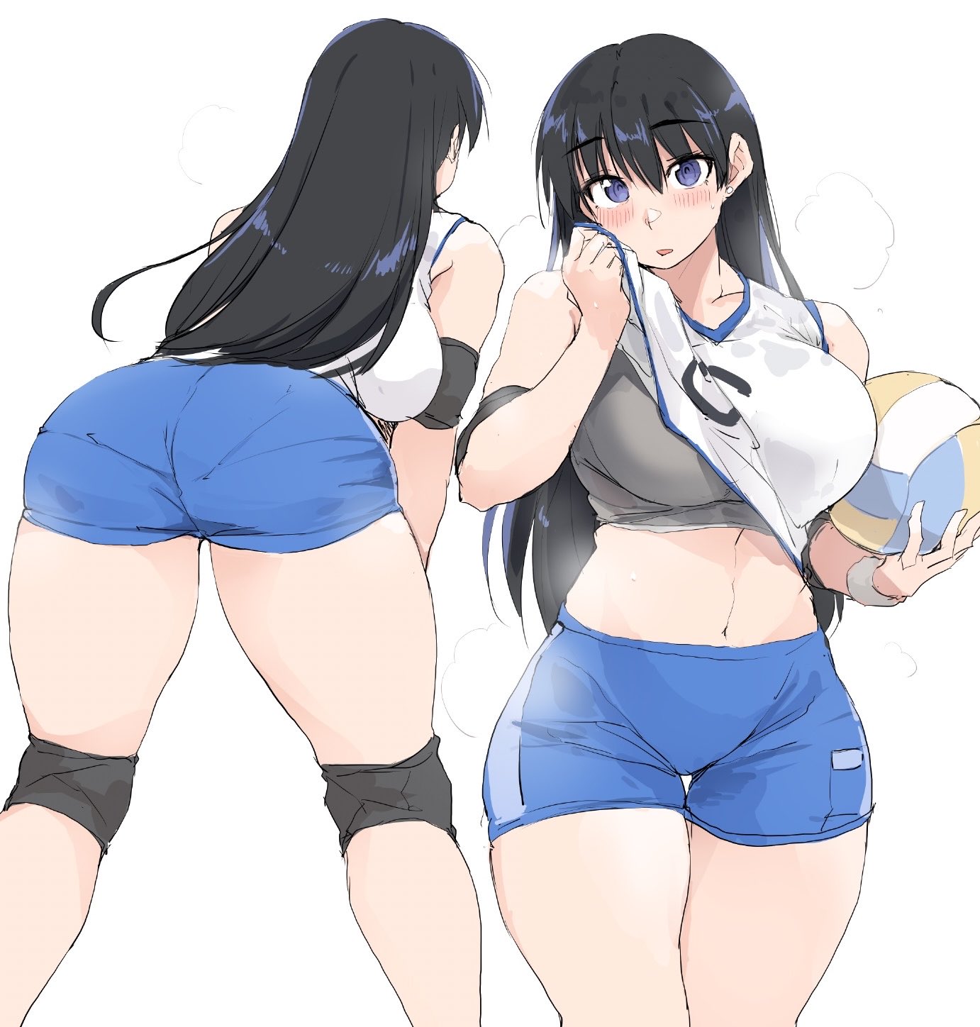 arato nagi, ass, belly button, bending forward, bending over, bent over, black hair, blush, blushing, breasts, cleavage, collarbone, curvy, female, female only, fit, fit female, full body, highres, hourglass figure, hourglass figured female, large ass, large breasts, leaning forward, long hair, multiple views, open mouth, purple eyes, ruri no houseki, shirt lift, simple background, sketch, slim waist, sports bra, sports shorts, sports uniform, sportswear, standing, thick thighs, thighs, very long hair, voluptuous, voluptuous body, voluptuous female, water gun, white background, wide hips, zekkyon