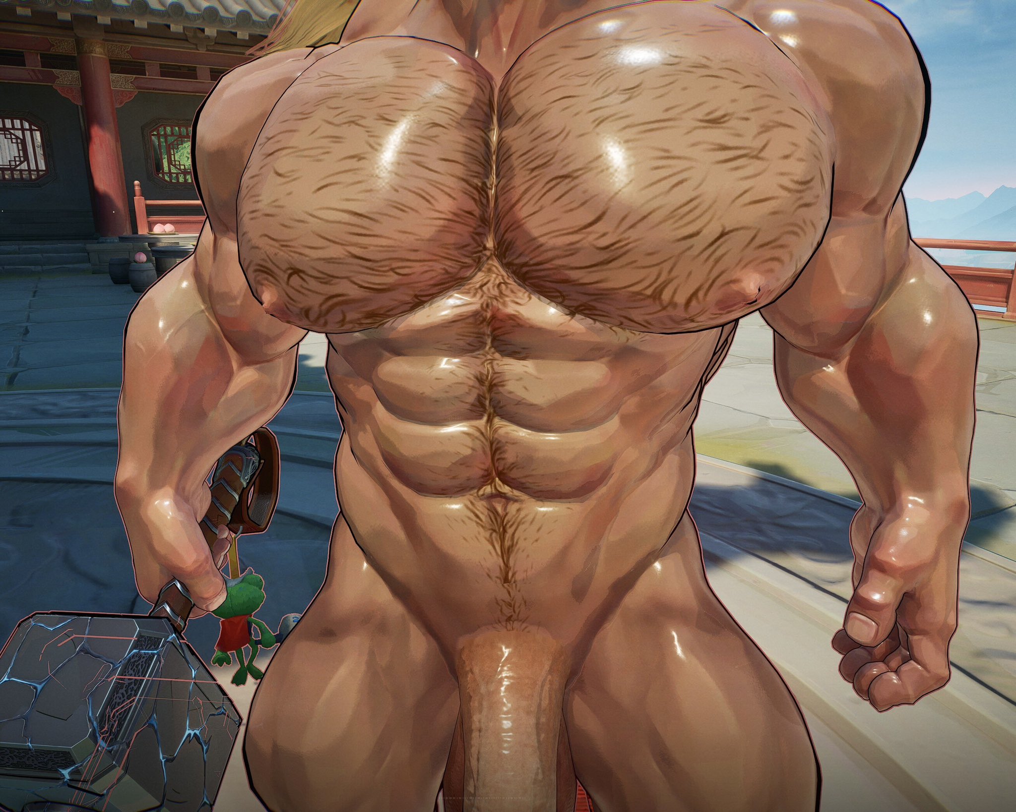 1boy, abs, bara, bara tits, beard, biceps, big breasts, big muscles, big pecs, blonde hair, body hair, buff, busty, busty male, chest hair, close-up, dilf, flaccid, flaccid penis, game mod, hairy, hairy abs, hairy chest, hairy male, hairy stomach, hammer, happy trail, head out of frame, huge muscles, huge pecs, male, male breasts, male only, manly, marvel, marvel rivals, masculine male, mature, mature male, moobs, muscular, muscular forearms, muscular male, muscular shoulders, naked, nipples, nude, nude male, nude mod, outdoor nudity, outdoors, outside, pecs, pecs focus, pectorals, penis, penis peek, pink nipples, pubic hair, six pack, solo, solo focus, thick penis, thor (marvel rivals), thor (marvel), veiny biceps, veiny penis