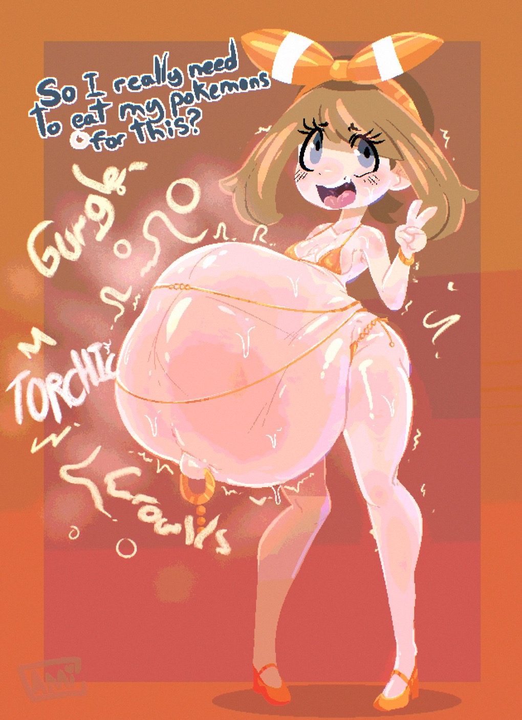 beige skin, belly, belly bulge, big belly, blue eyes, brown hair, cami gz, camigz, digestion, digestion noises, female, female pred, golden week, may (pokemon), open mouth, orange background, pokemon, pokemon (species), pokemon prey, question, questioning, red background, small breasts, text, tongue, torchic, unwilling pred, unwilling prey, vore, vore belly